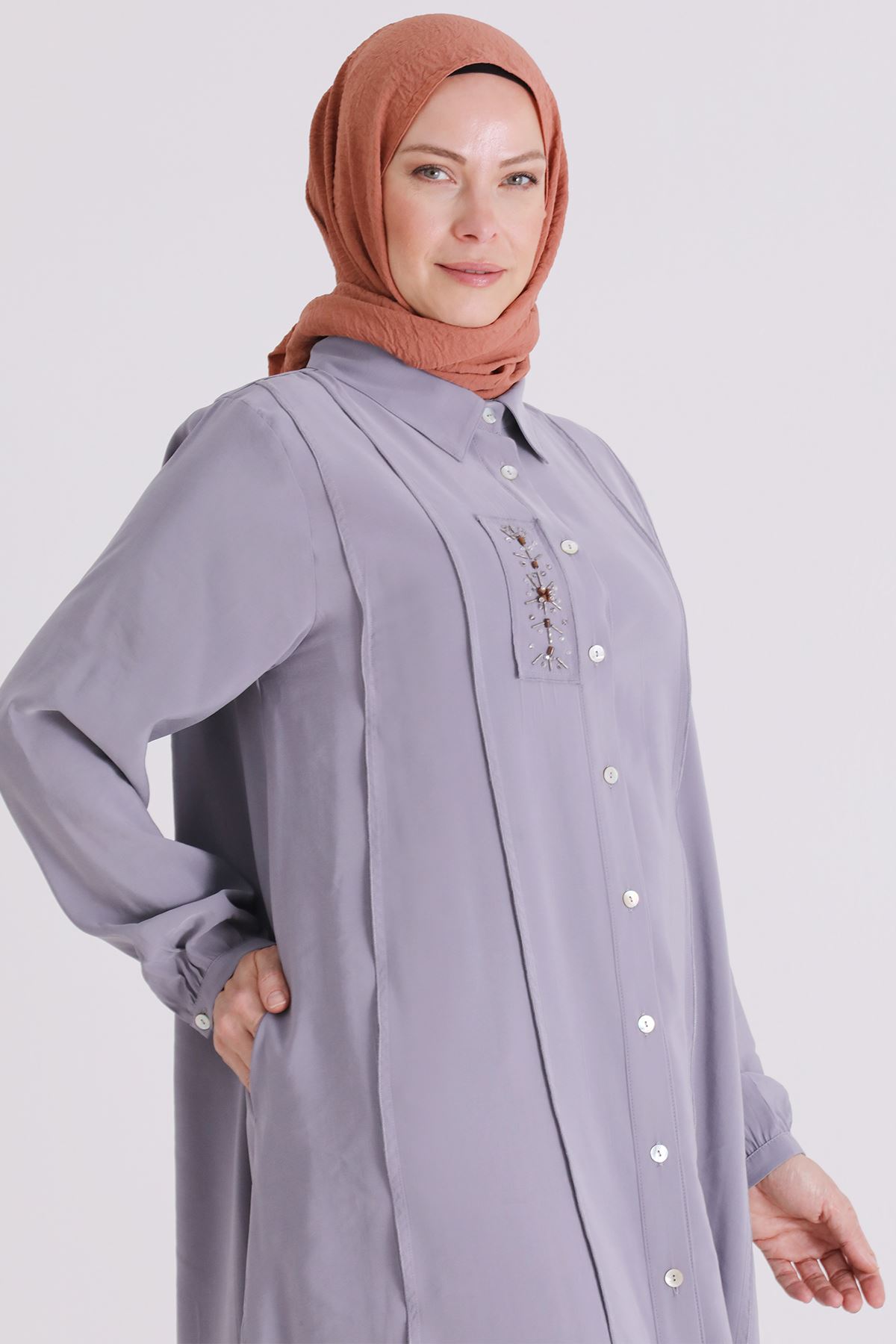 Büyük Beden Tesettür İşlemeli Tunik 2359 Gri