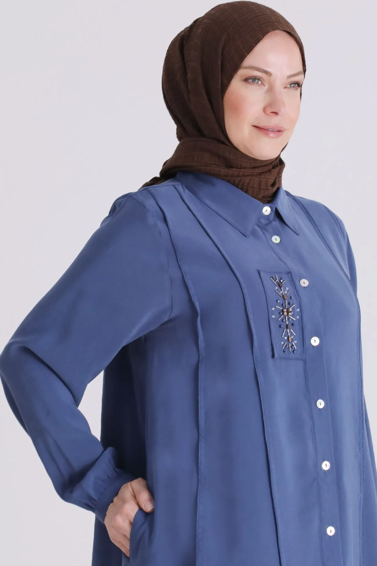 Büyük Beden Tesettür İşlemeli Tunik 2359 İndigo