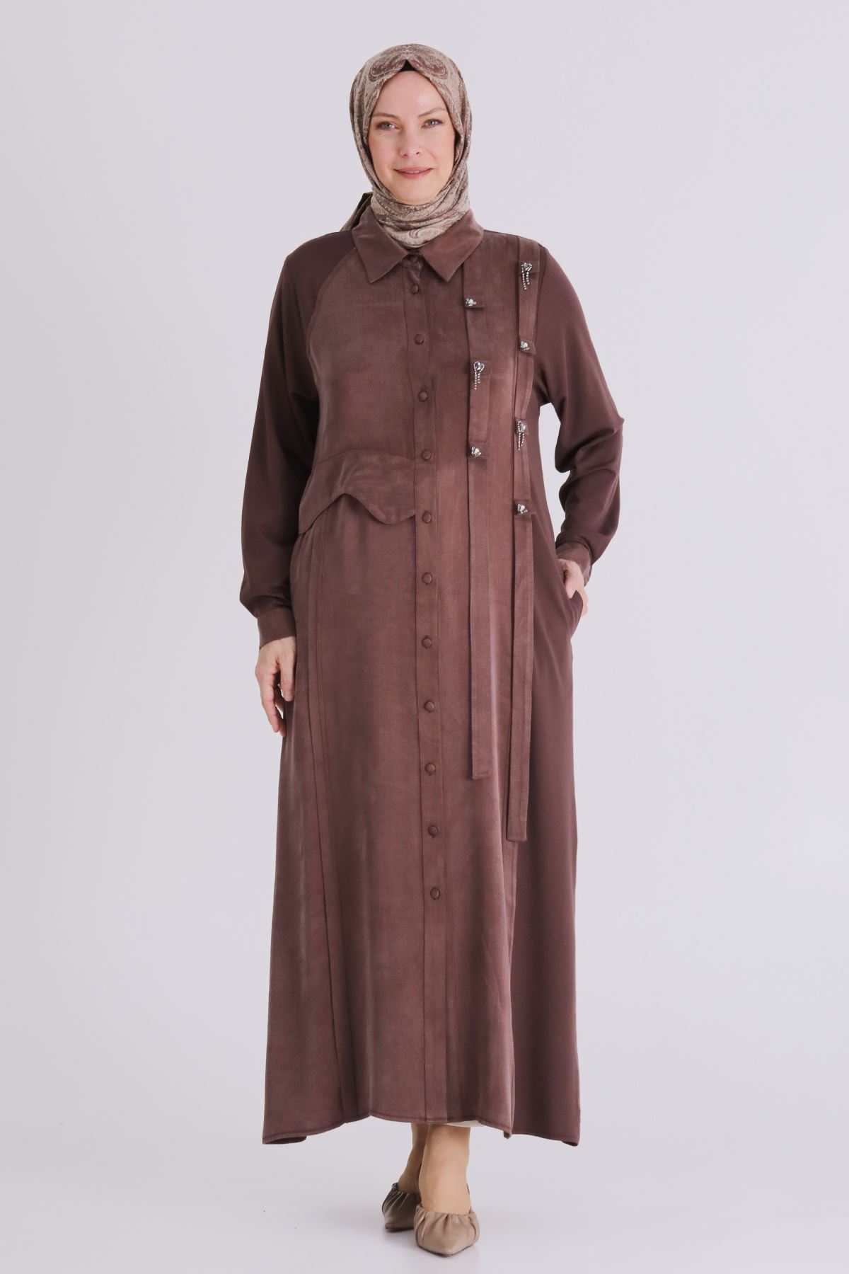 Büyük Beden Tesettür Taşlı Ferace 28080 Kahve