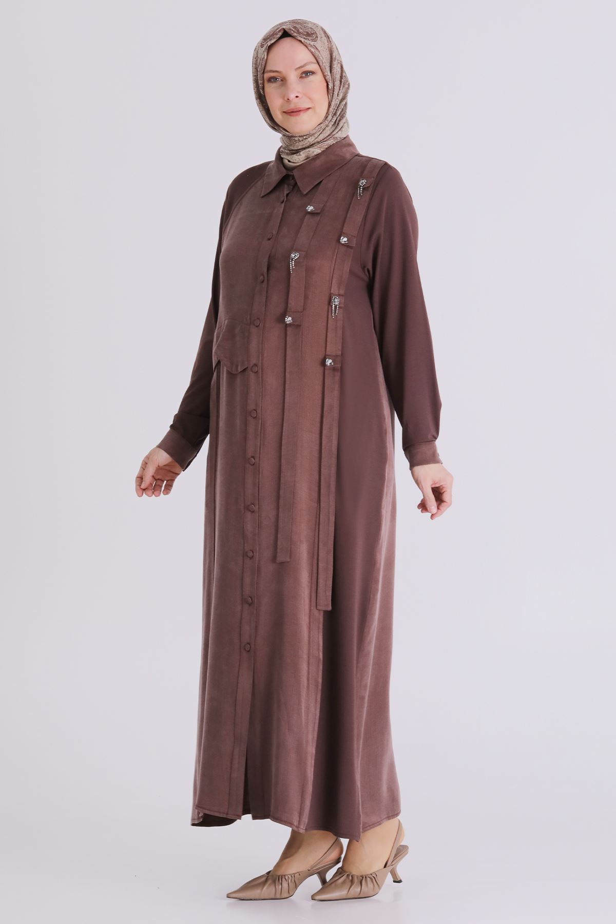 Büyük Beden Tesettür Taşlı Ferace 28080 Kahve