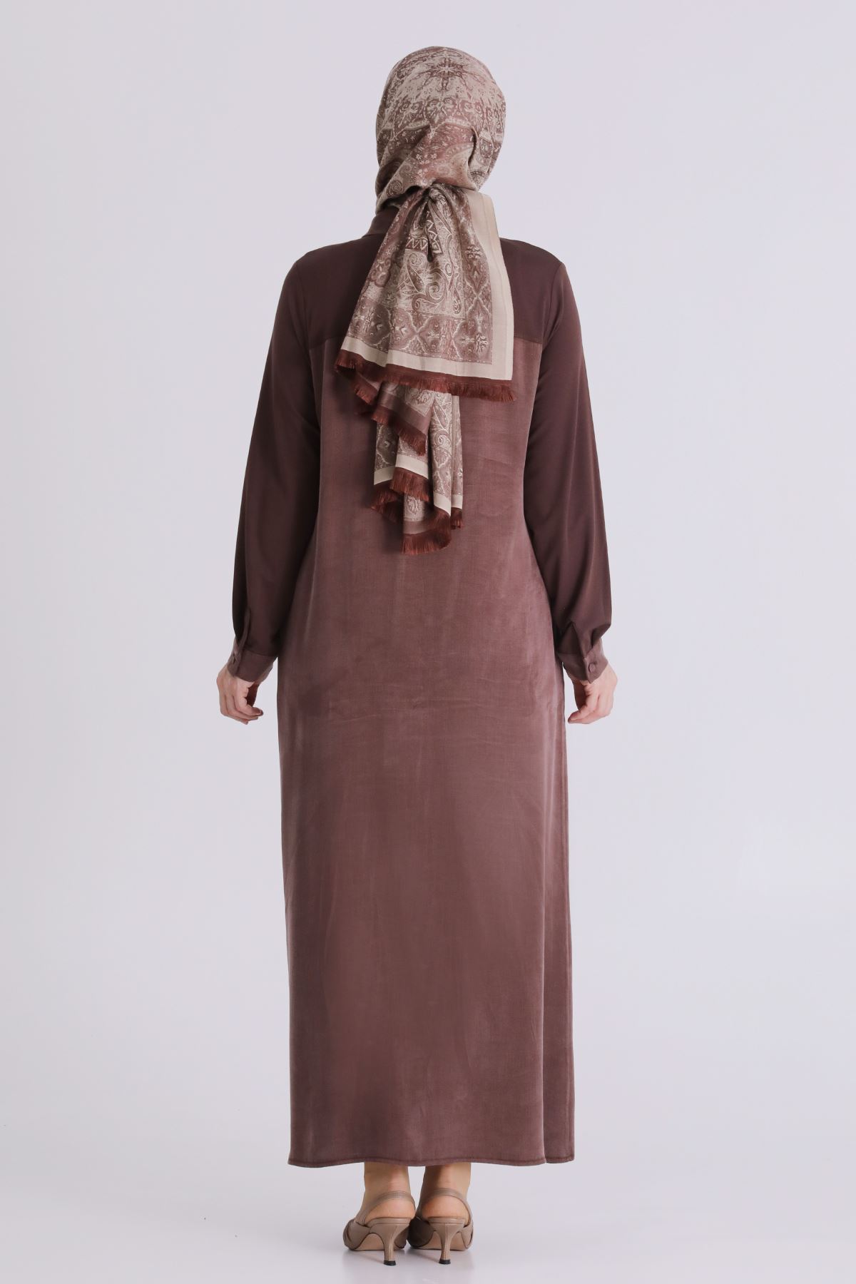 Büyük Beden Tesettür Taşlı Ferace 28080 Kahve
