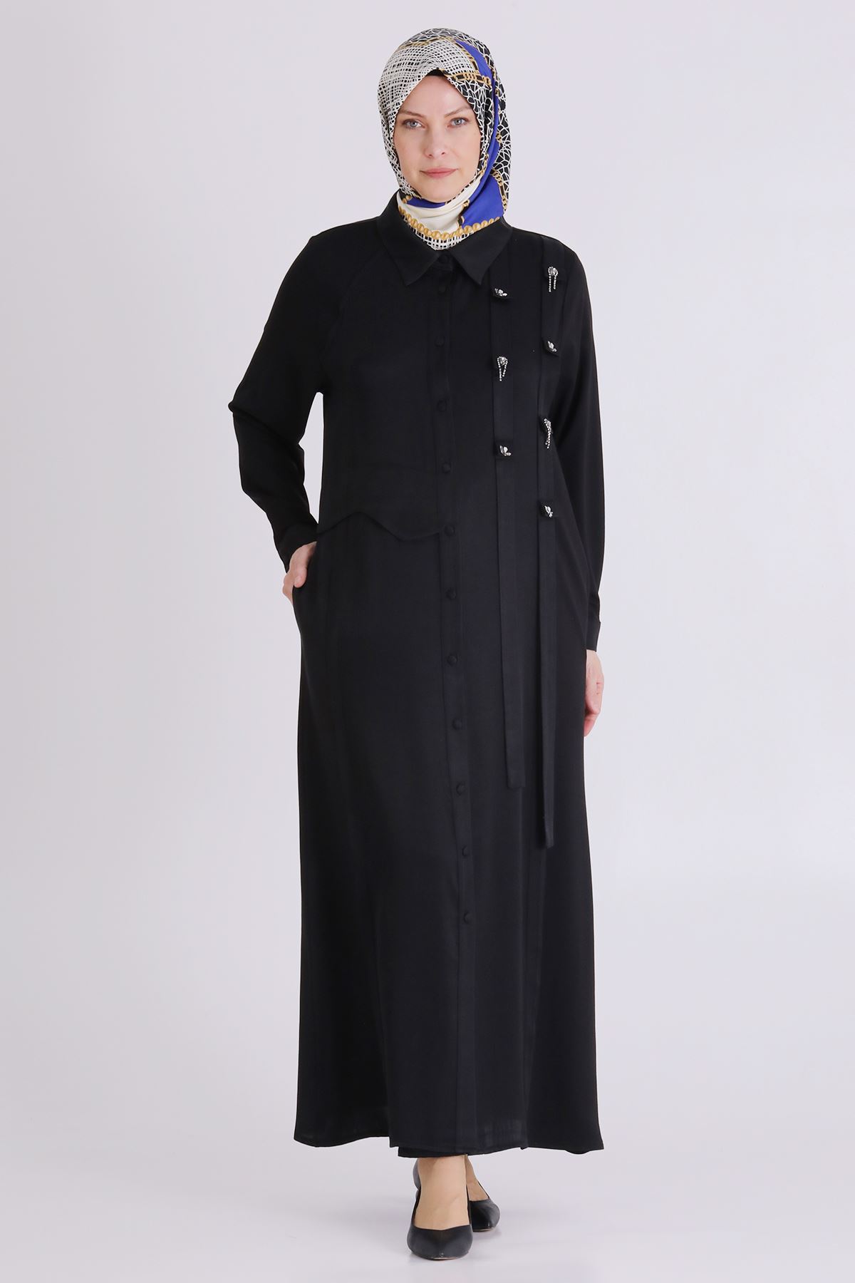 Büyük Beden Tesettür Taşlı Ferace 28080 Siyah