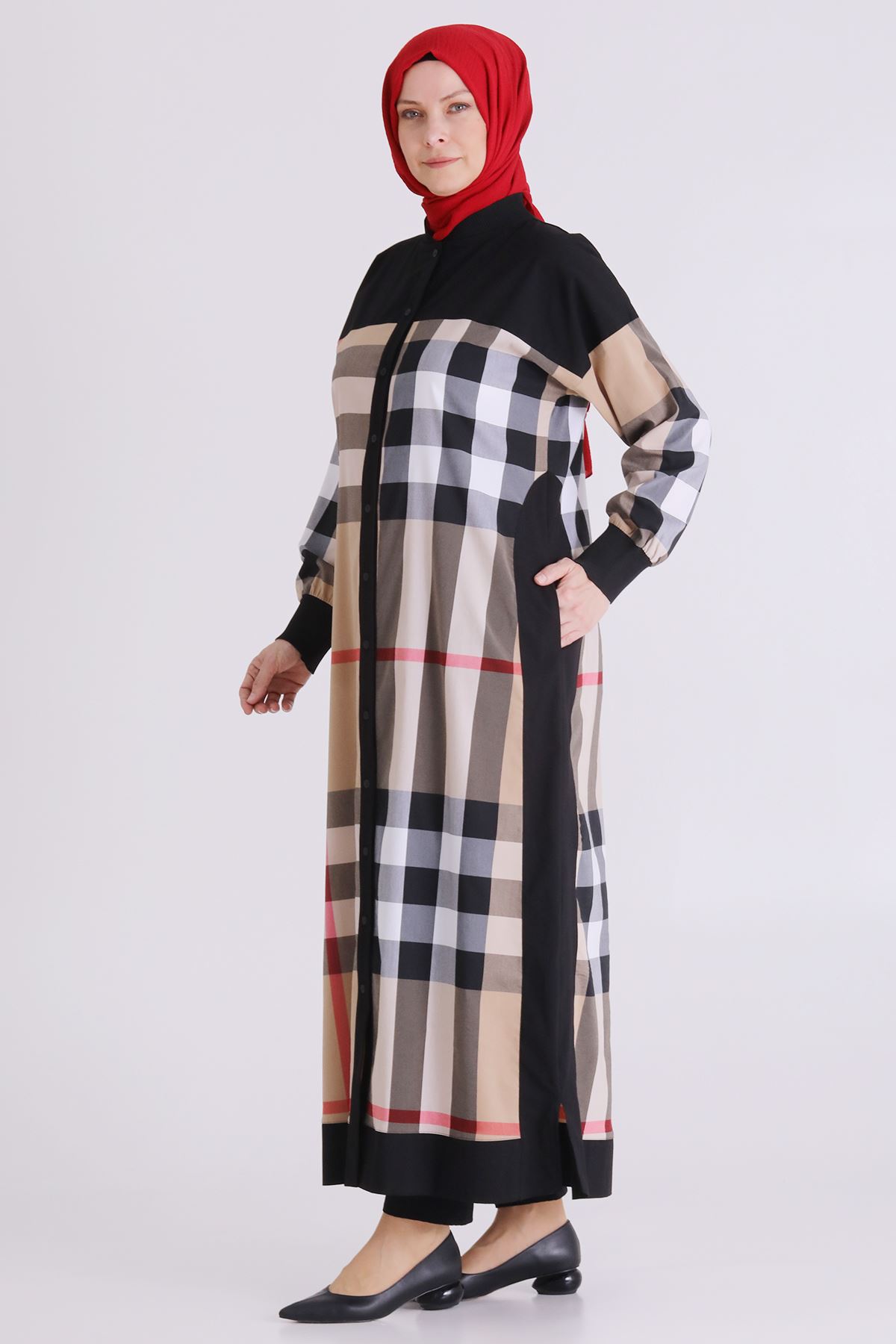 Büyük Beden Tesettür Ekoseli Düğmeli Ferace 2826 Bej