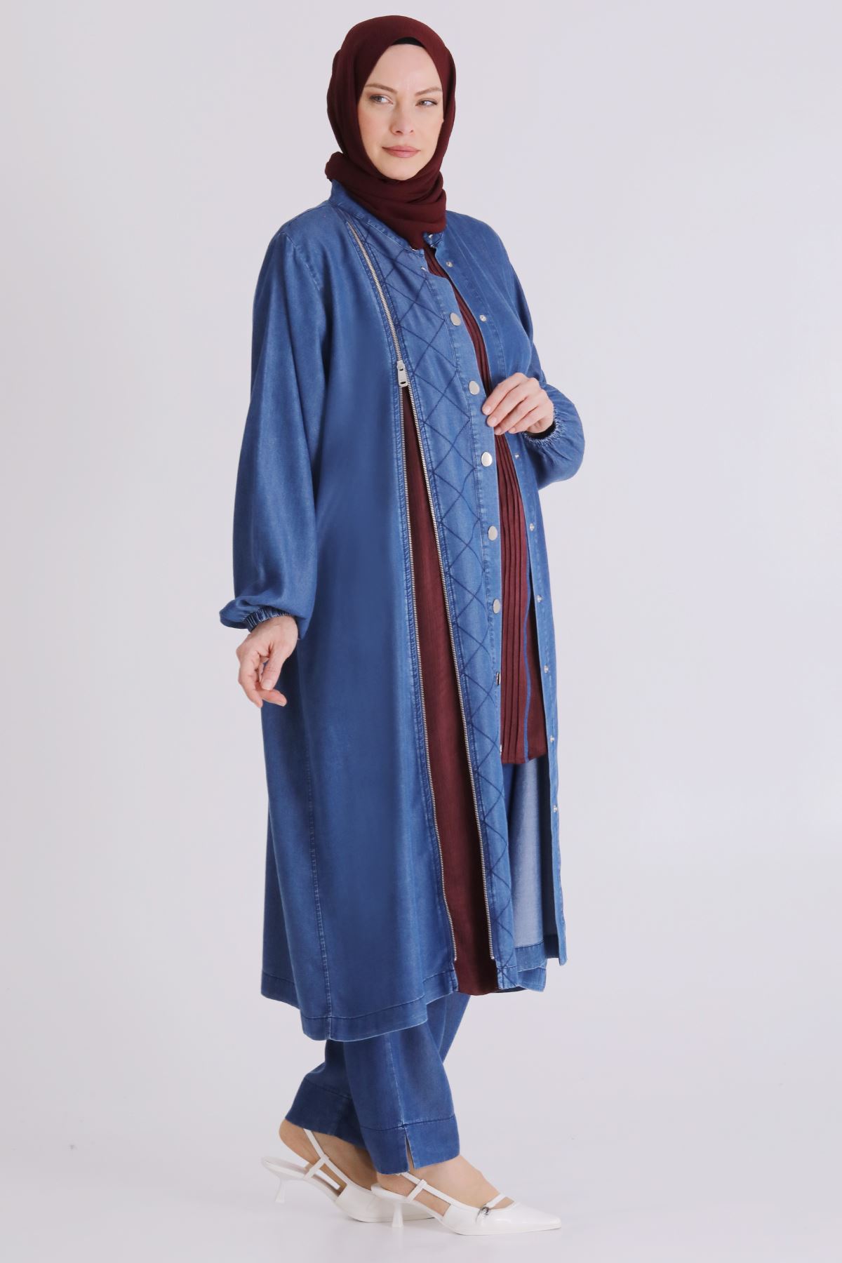 Büyük Beden Tesettür Pantolonlu Üçlü Tensel Takım 70020 Koyu Mavi