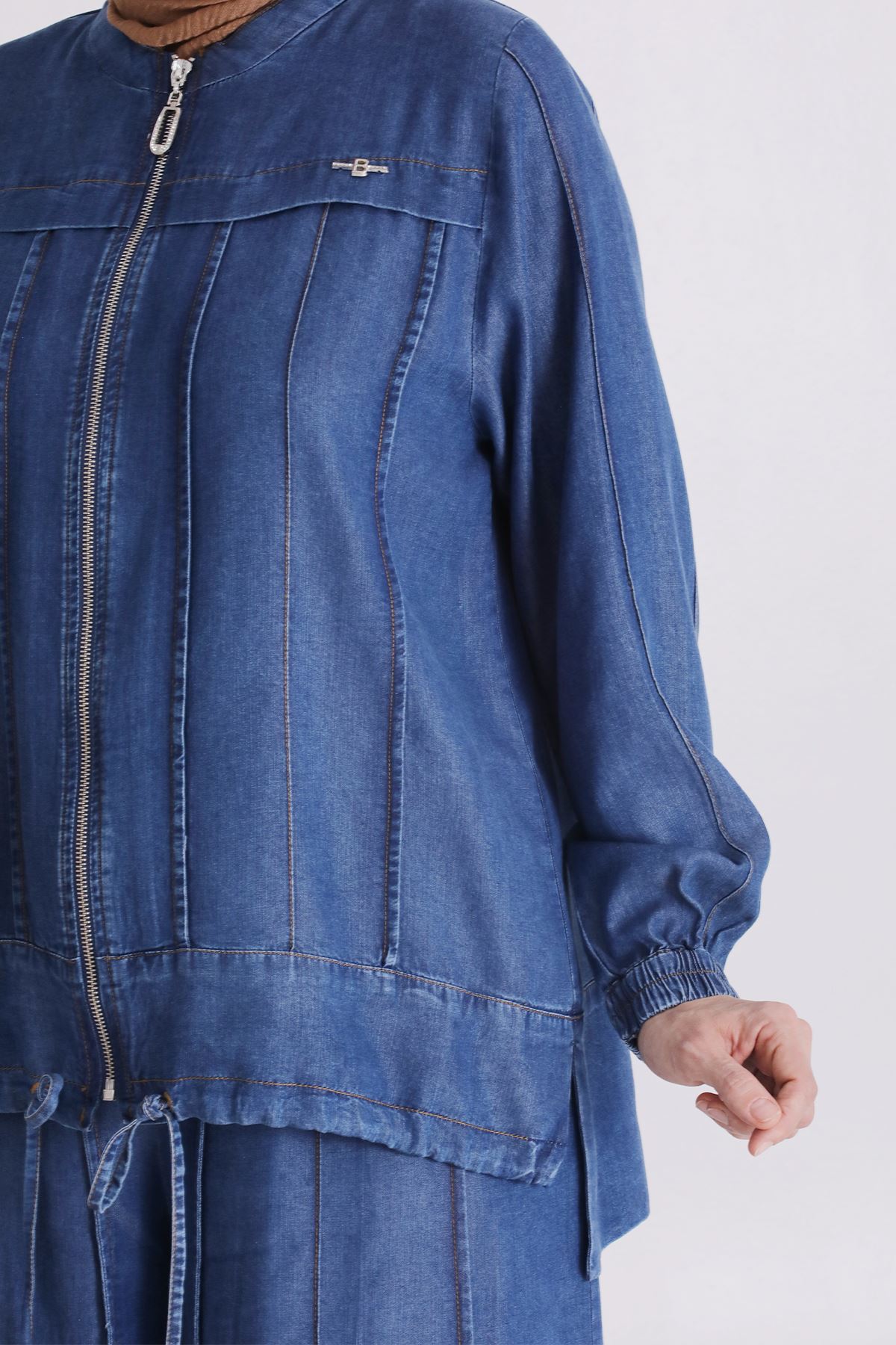 Büyük Beden Tesettür Pantolonlu Tensel Kot Takım 35141 Koyu Mavi