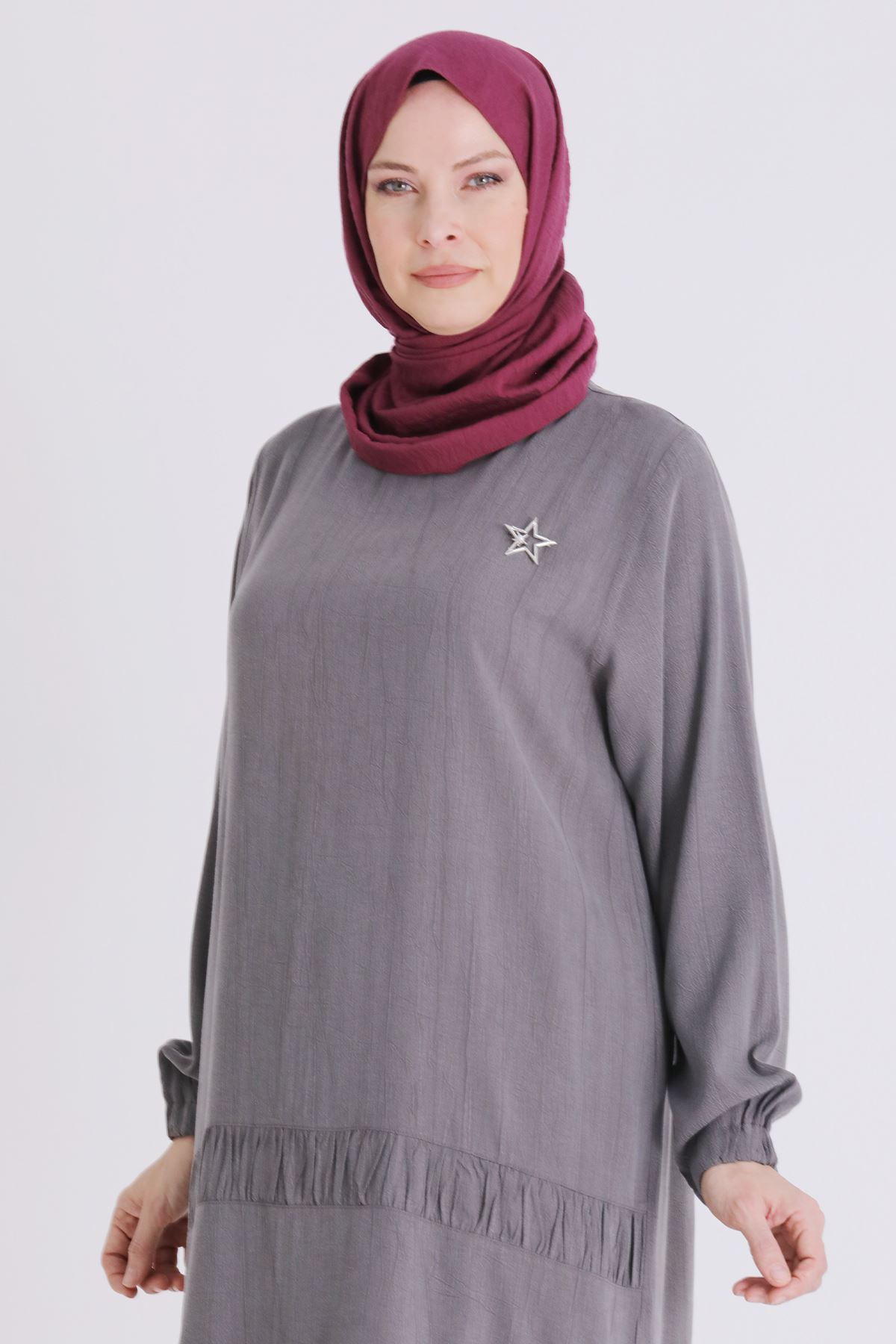 Büyük Beden Tesettür Pantolonlu Takım 3556 Duman Gri