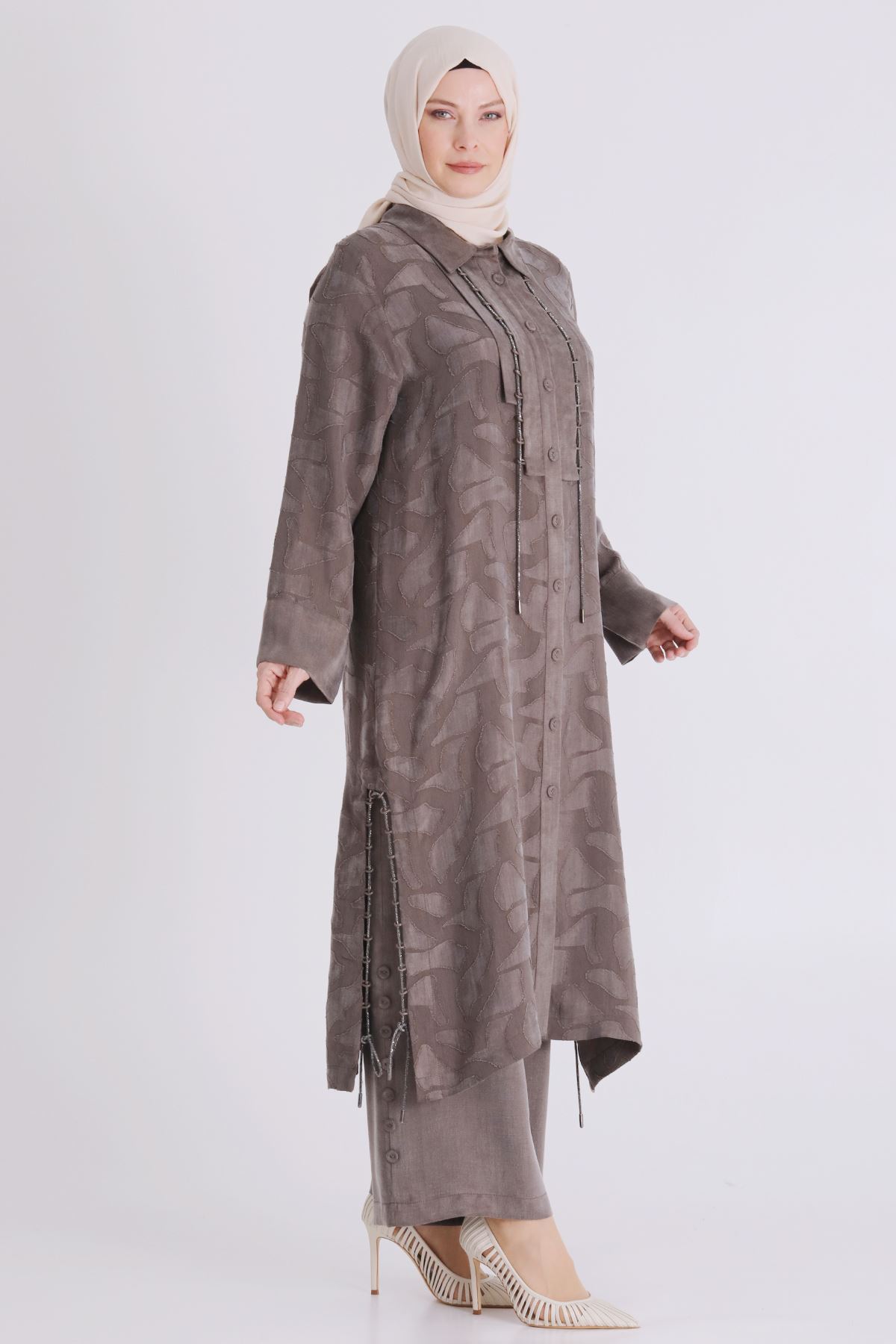 Büyük Beden Tesettür Pantolonlu Takım 35147 Koyu Vizon