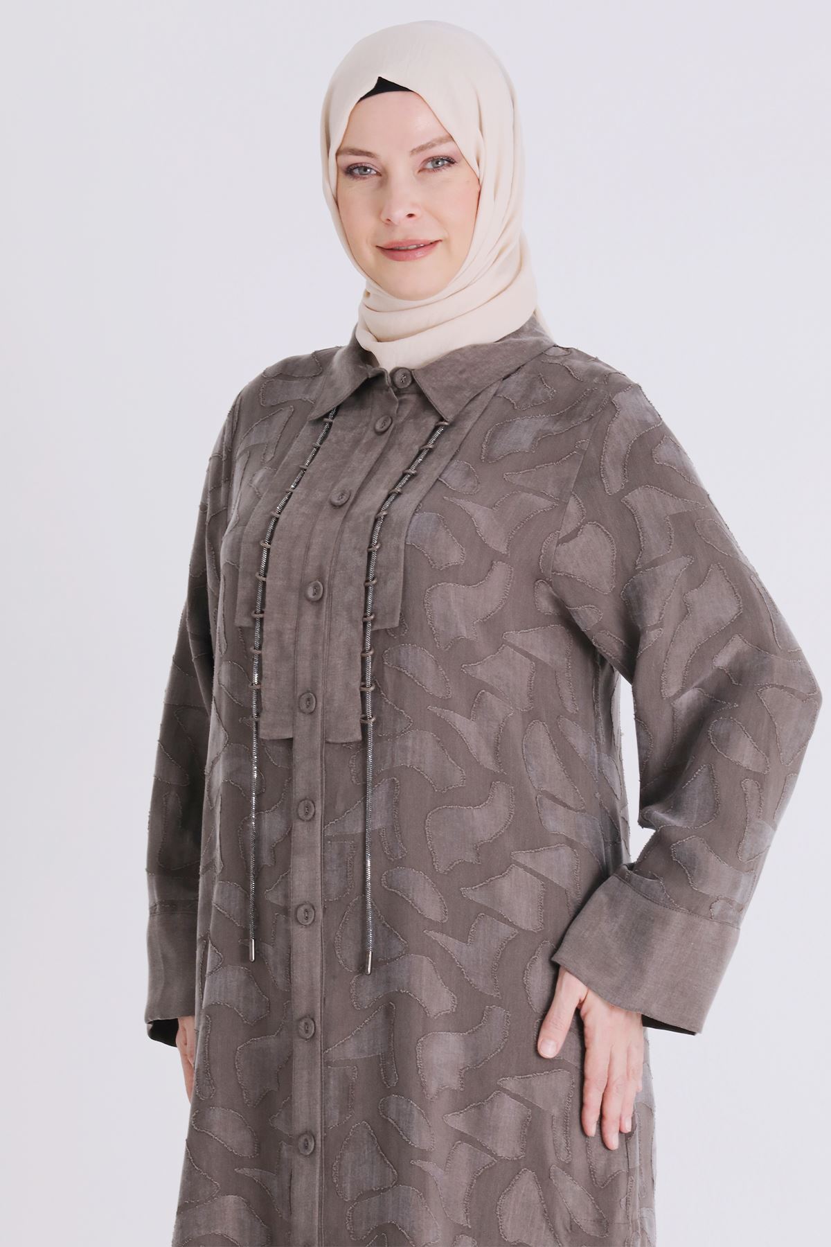 Büyük Beden Tesettür Pantolonlu Takım 35147 Koyu Vizon