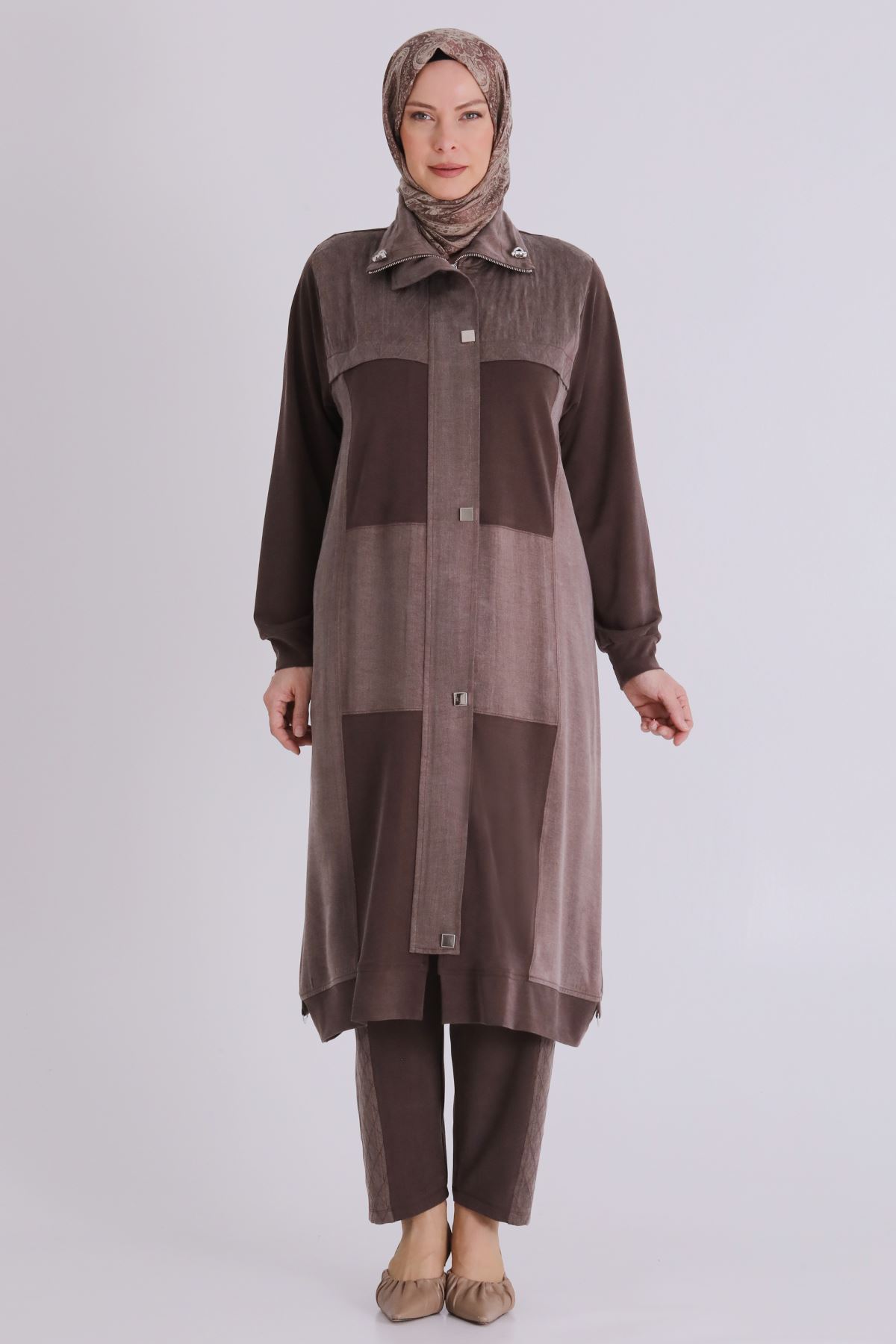 Büyük Beden Tesettür Pantolonlu Takım 35145 Kahve