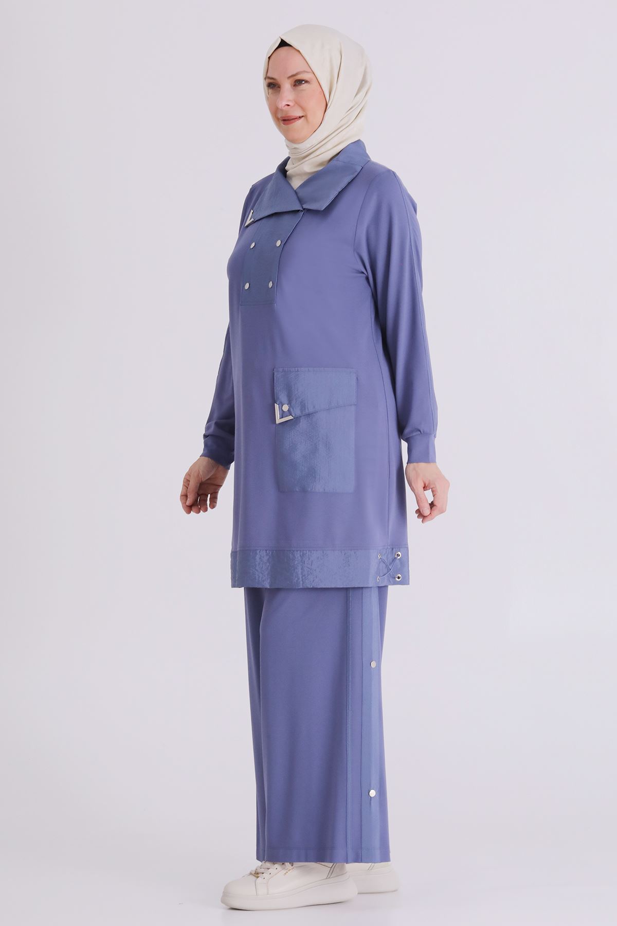 Büyük Beden Tesettür Pantolonlu Takım 35143 Morcivert