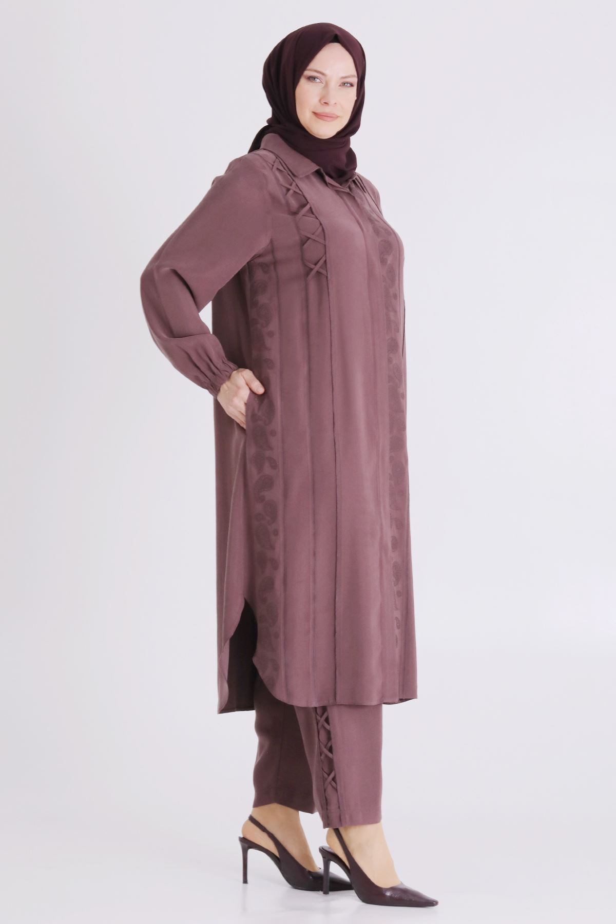 Büyük Beden Tesettür Pantolonlu Takım 35142 Soft Mürdüm