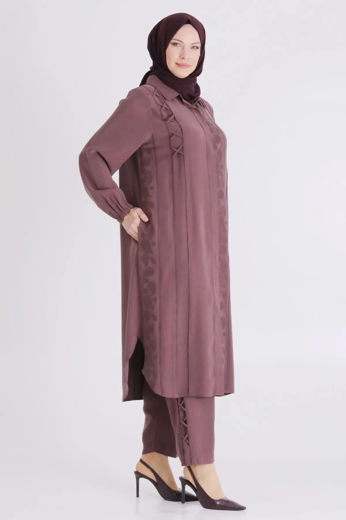 Büyük Beden Tesettür Pantolonlu Takım 35142 Soft Mürdüm