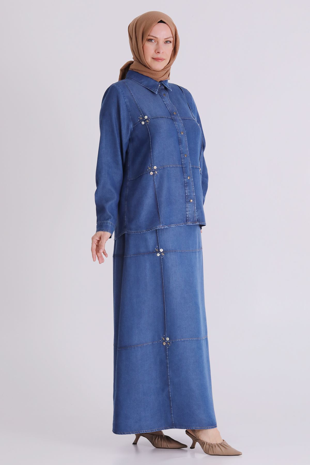 Büyük Beden Tesettür Etekli Tensel Kot Takım 38001 Koyu Mavi