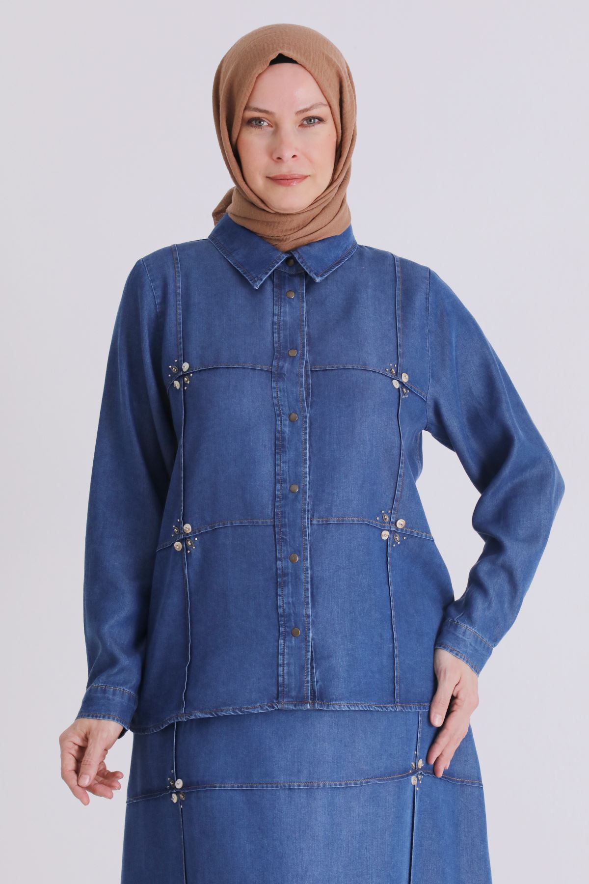 Büyük Beden Tesettür Etekli Tensel Kot Takım 38001 Koyu Mavi