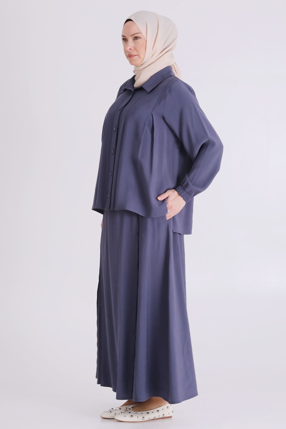 Büyük Beden Tesettür Etekli Takım 3801 Duman Mavi