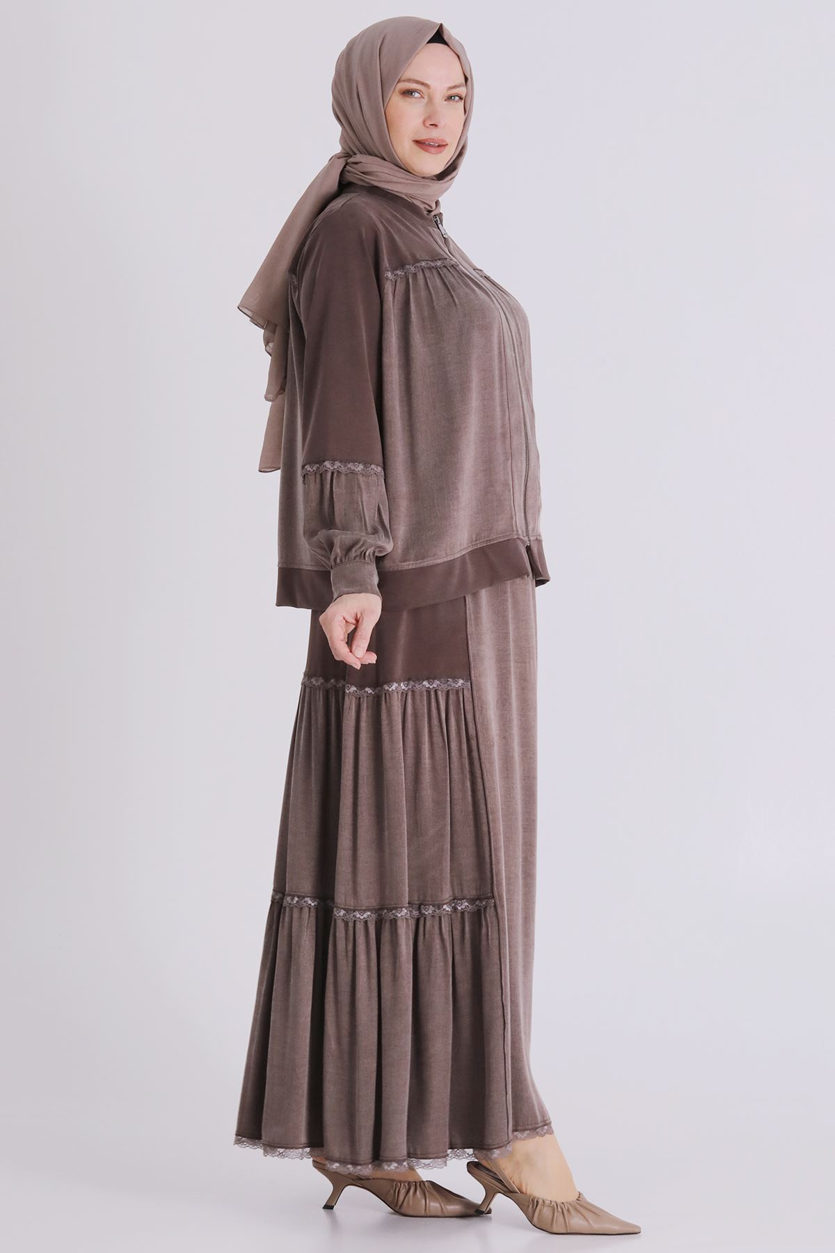 Büyük Beden Tesettür Etekli Takım 38002 Kahve