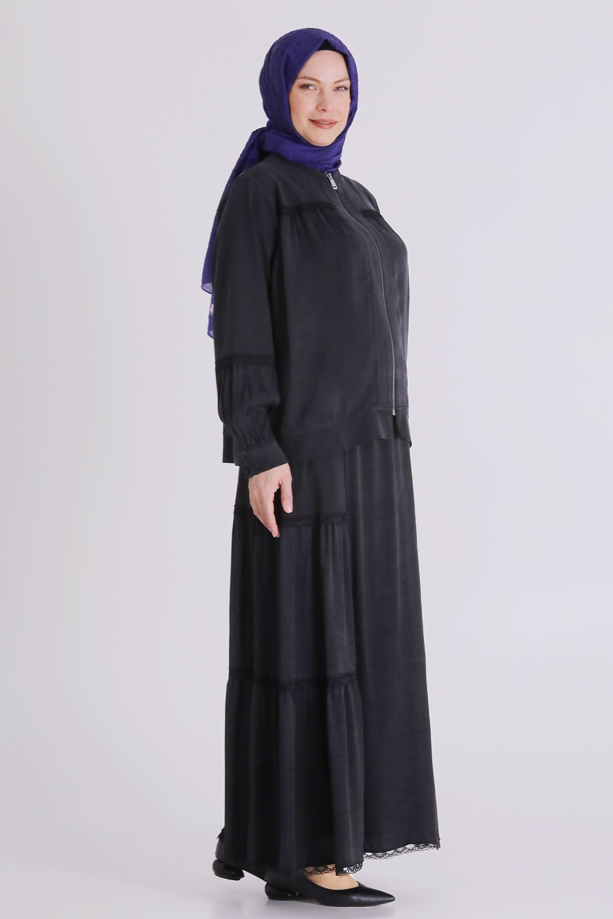 Büyük Beden Tesettür Etekli Takım 38002 Siyah