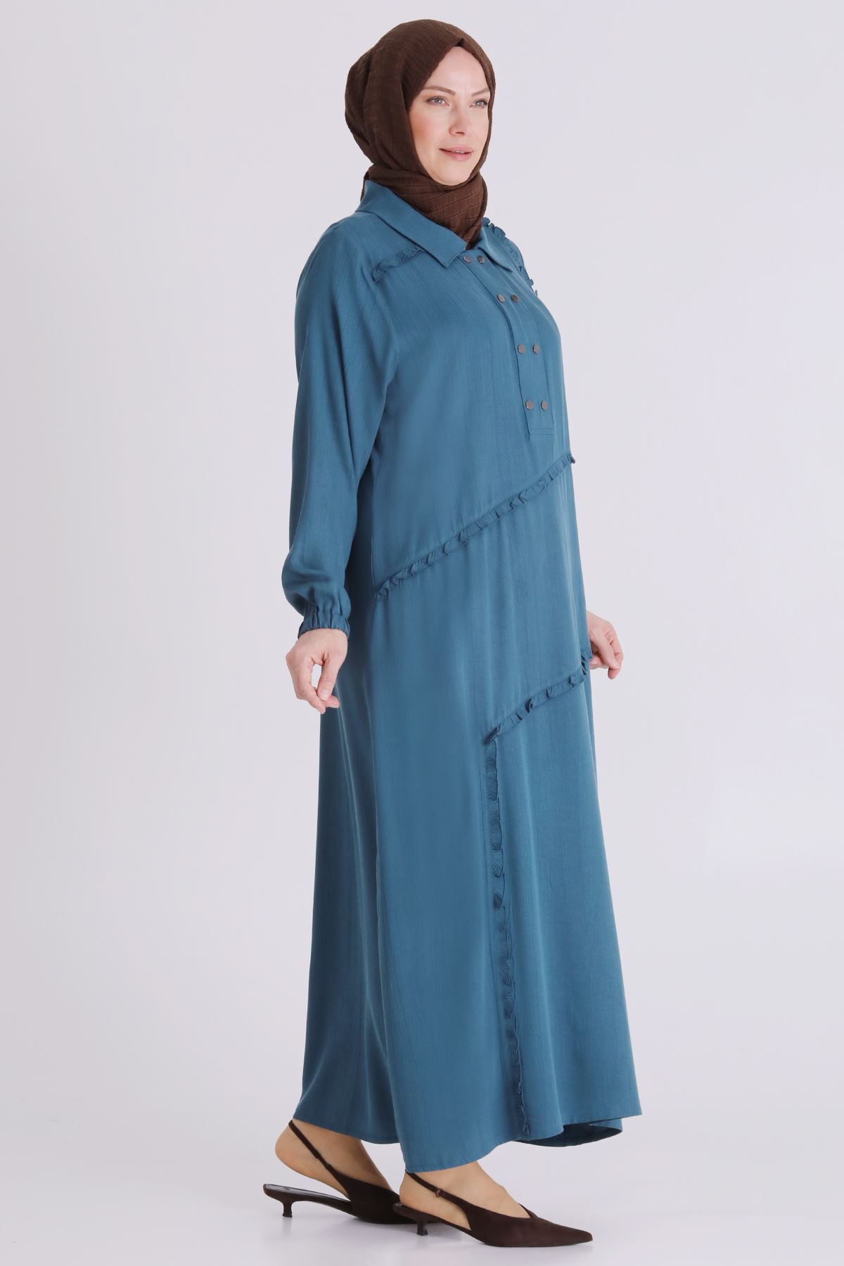 Büyük Beden Tesettür Elbise 7524 Petrol