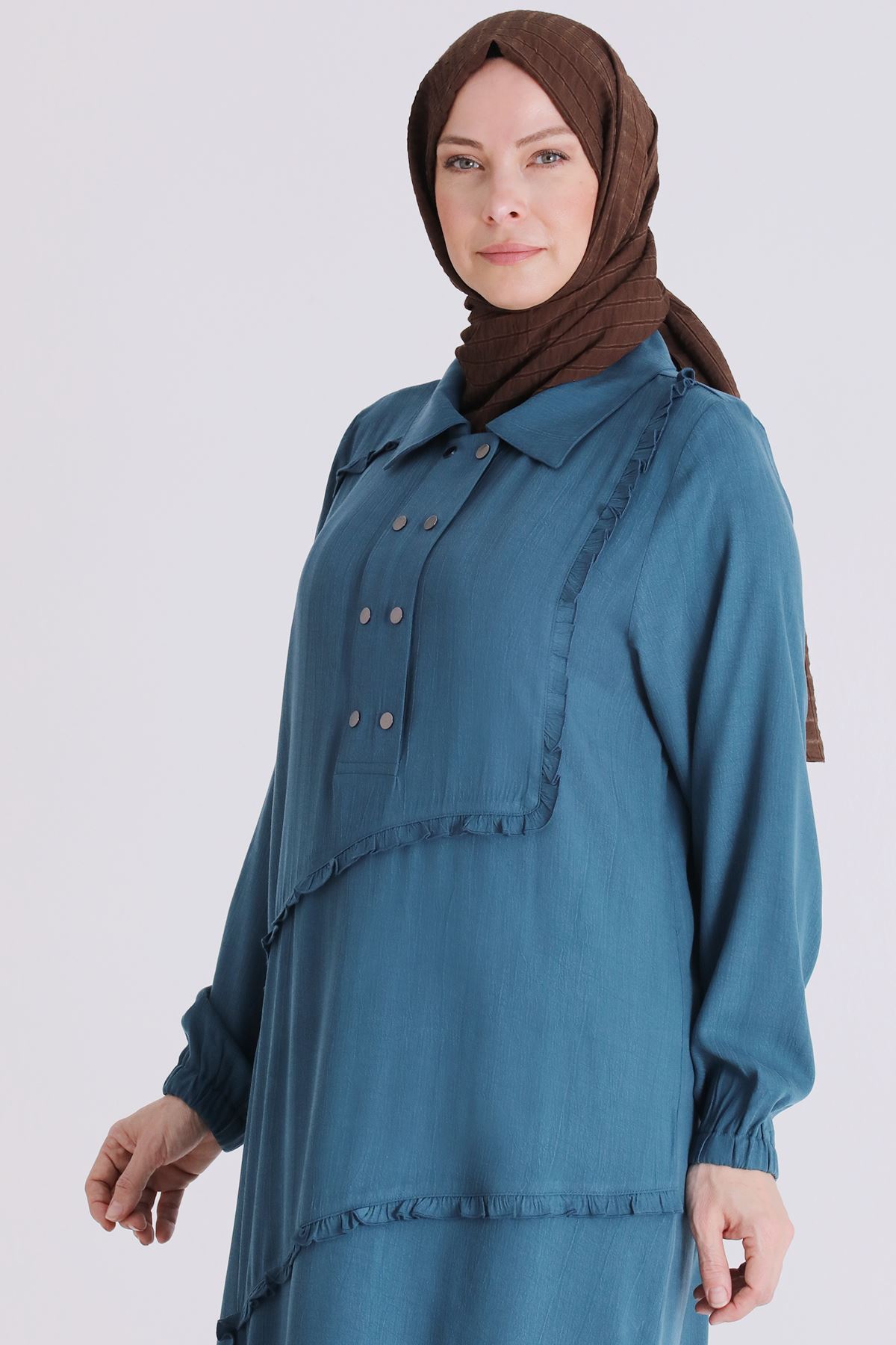 Büyük Beden Tesettür Elbise 7524 Petrol