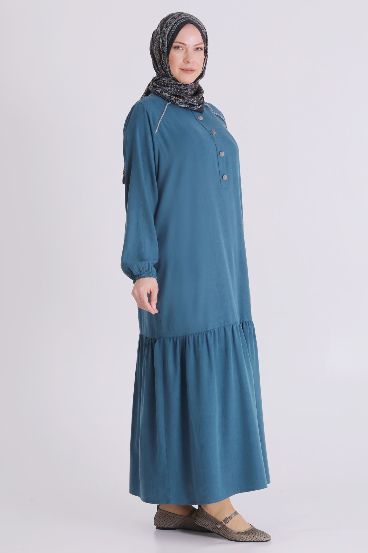 Büyük Beden Tesettür Elbise 7525 Petrol