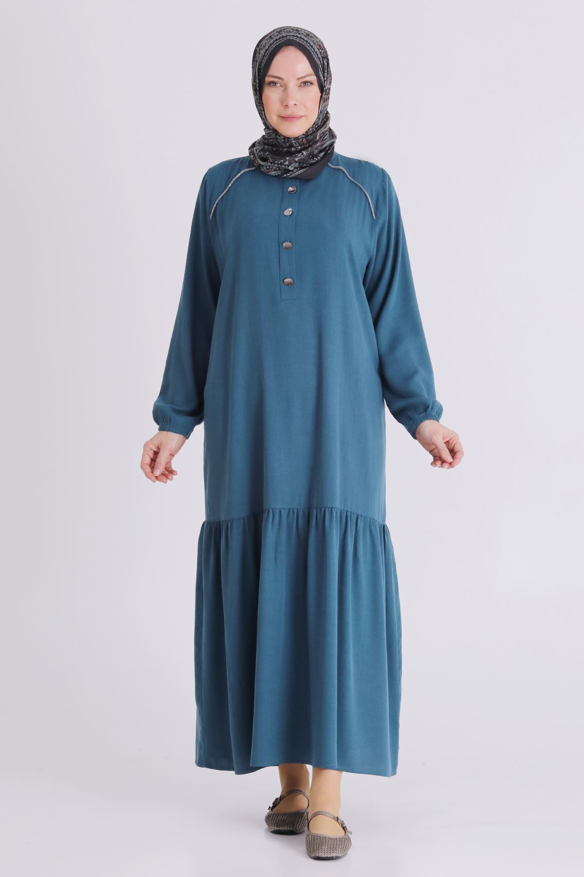 Büyük Beden Tesettür Elbise 7525 Petrol