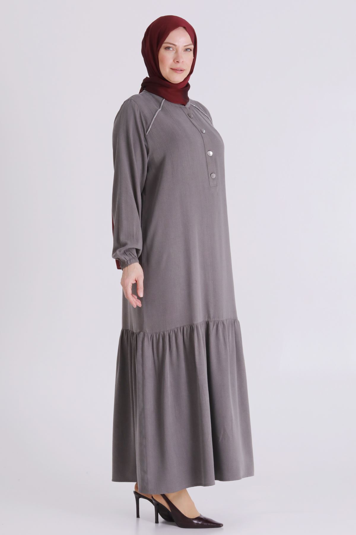 Büyük Beden Tesettür Elbise 7525 Duman Gri