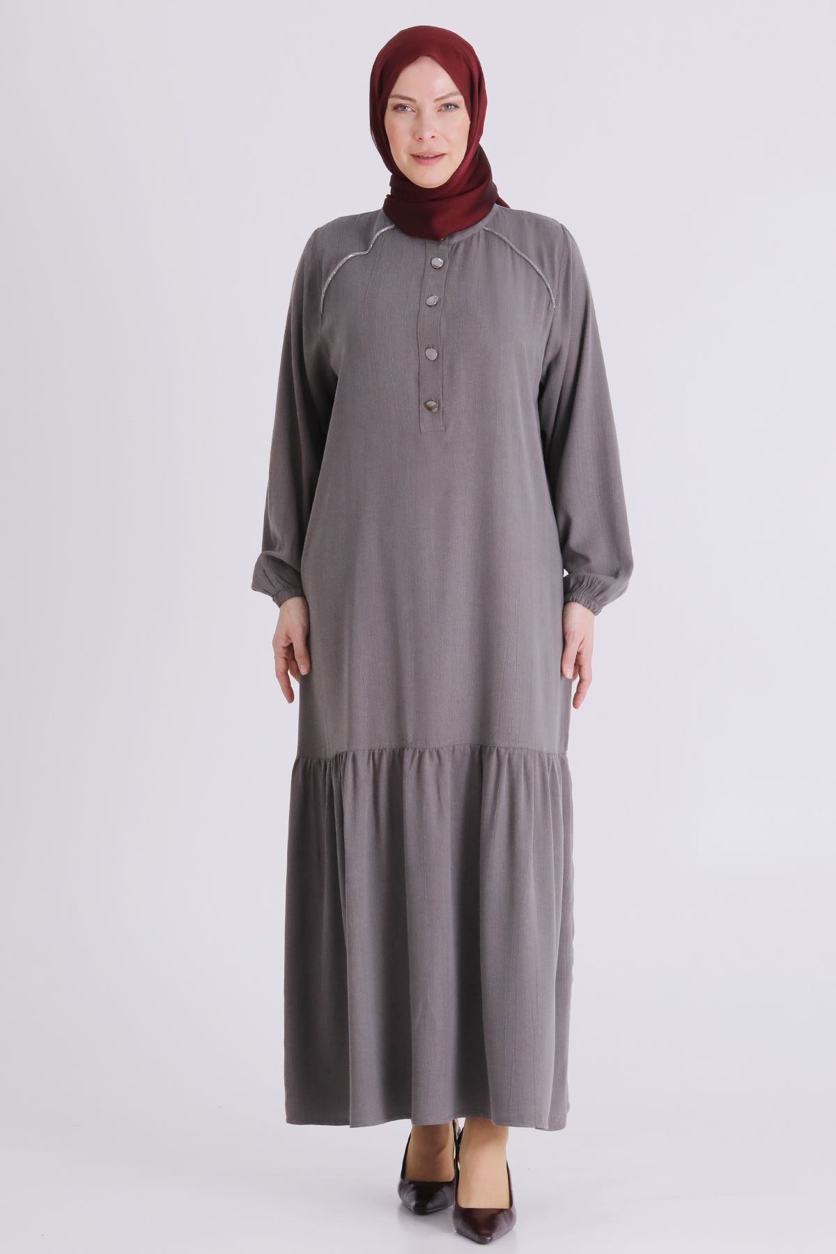 Büyük Beden Tesettür Elbise 7525 Duman Gri