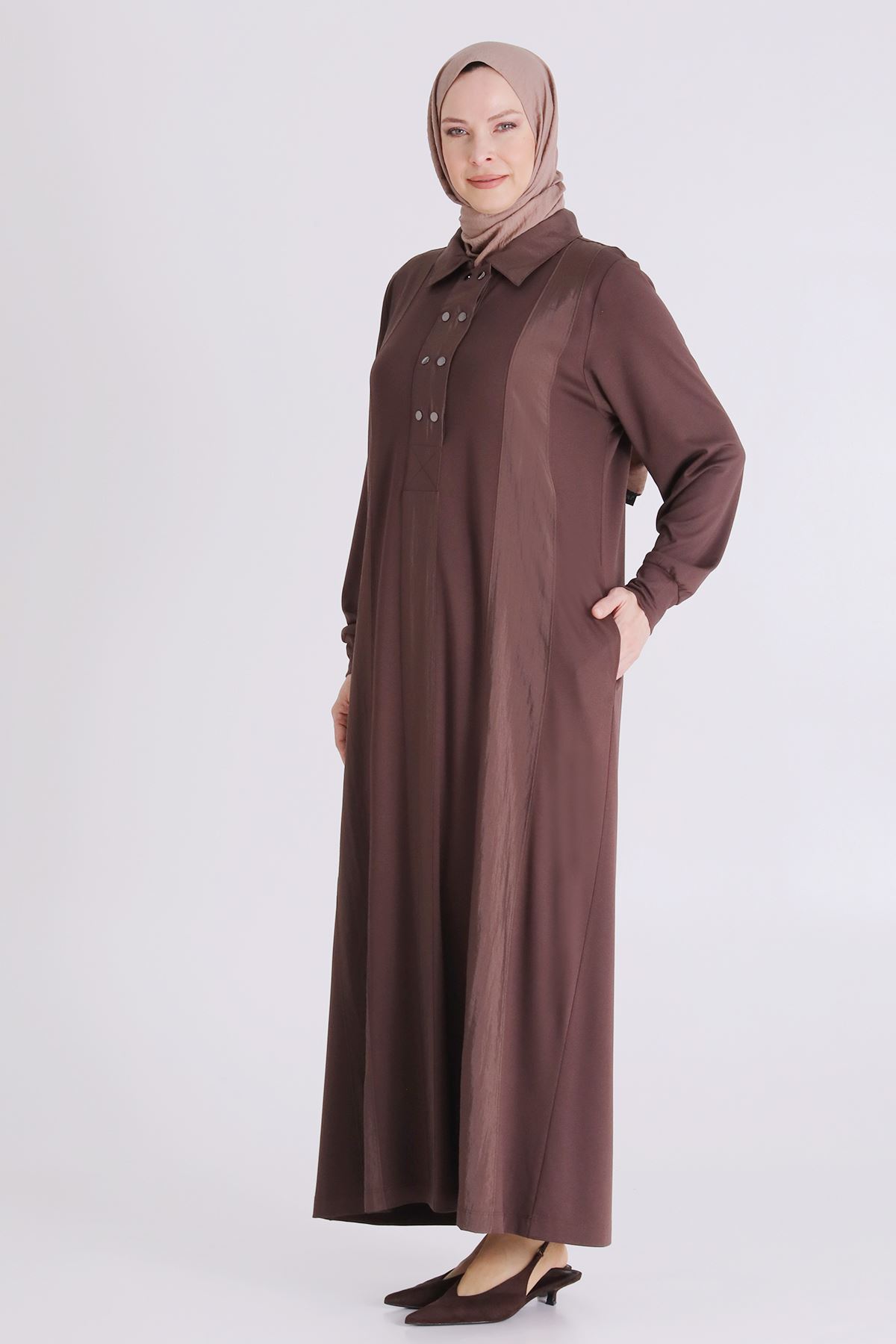 Büyük Beden Tesettür Elbise 7528 Kahve