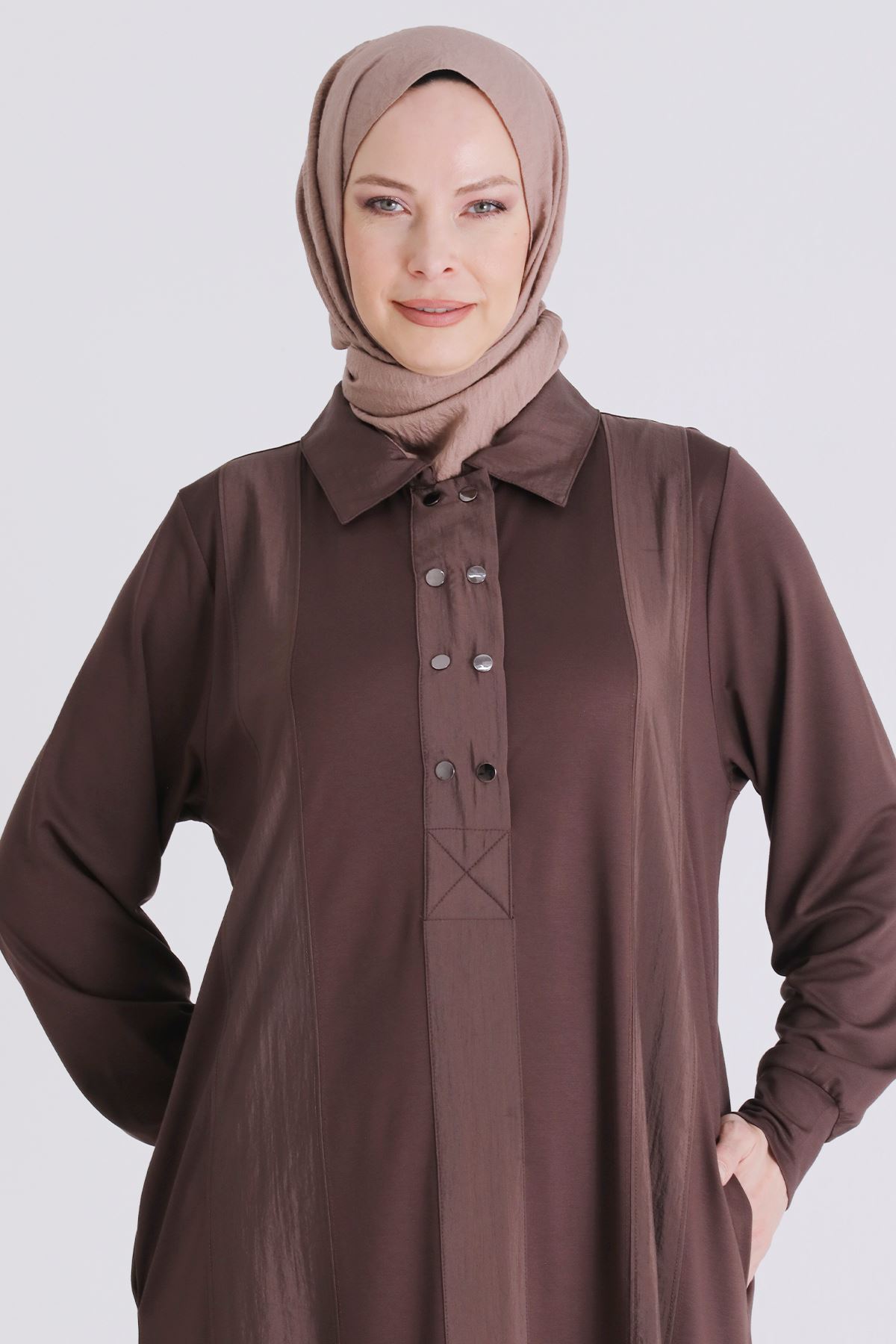 Büyük Beden Tesettür Elbise 7528 Kahve