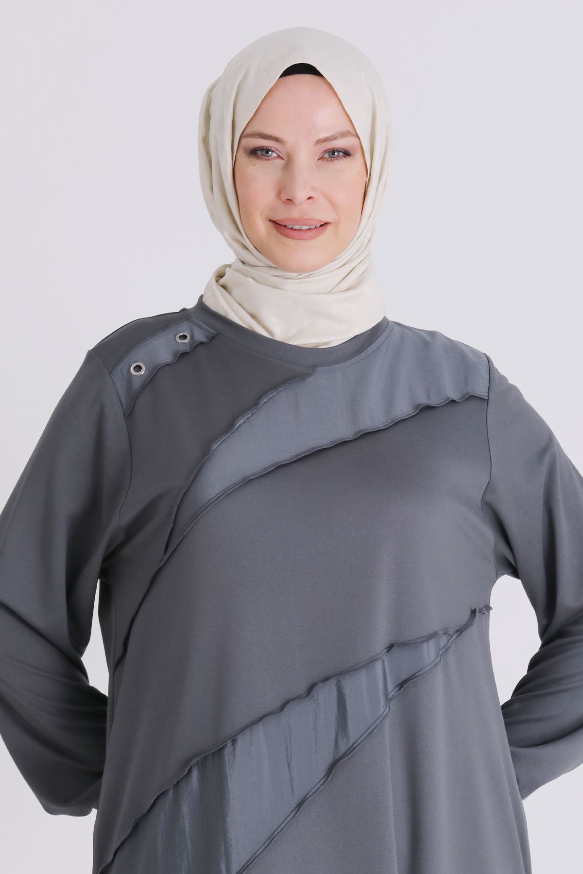 Büyük Beden Tesettür Elbise 7527 Kül Rengi