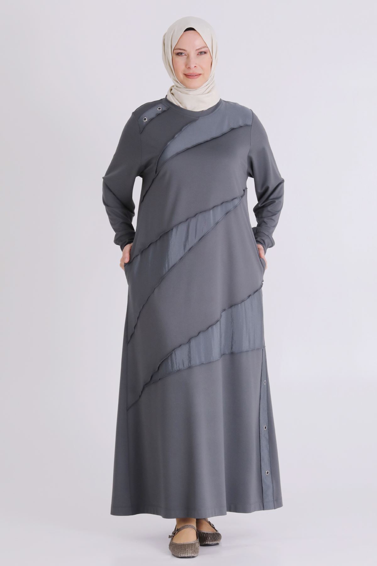 Büyük Beden Tesettür Elbise 7527 Kül Rengi