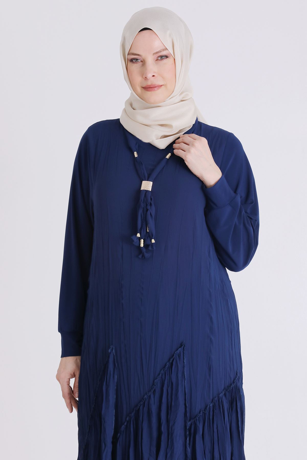 Büyük Beden Tesettür Elbise 7526 İndigo