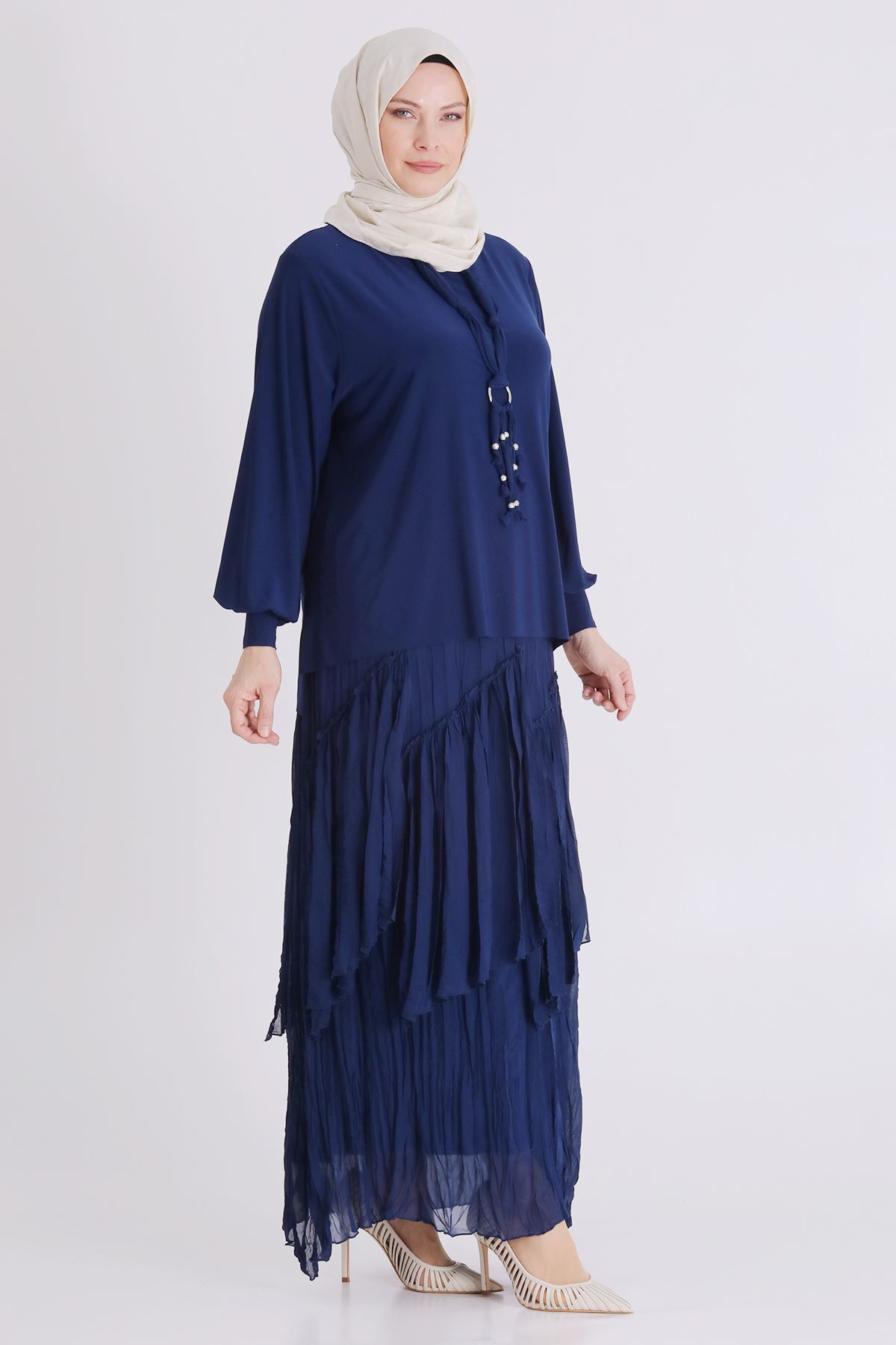 Büyük Beden Tesettür Etekli Takım 3802 İndigo