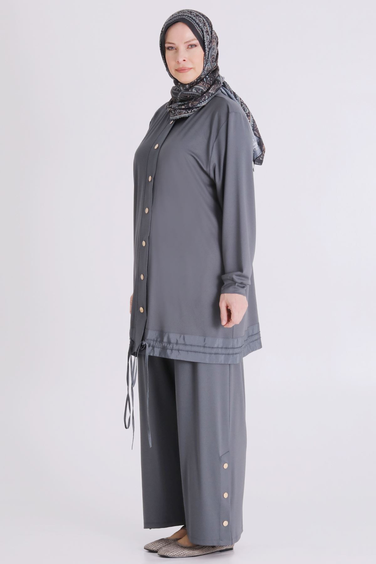 Büyük Beden Tesettür Pantolonlu Takım 3558 Kül Rengi