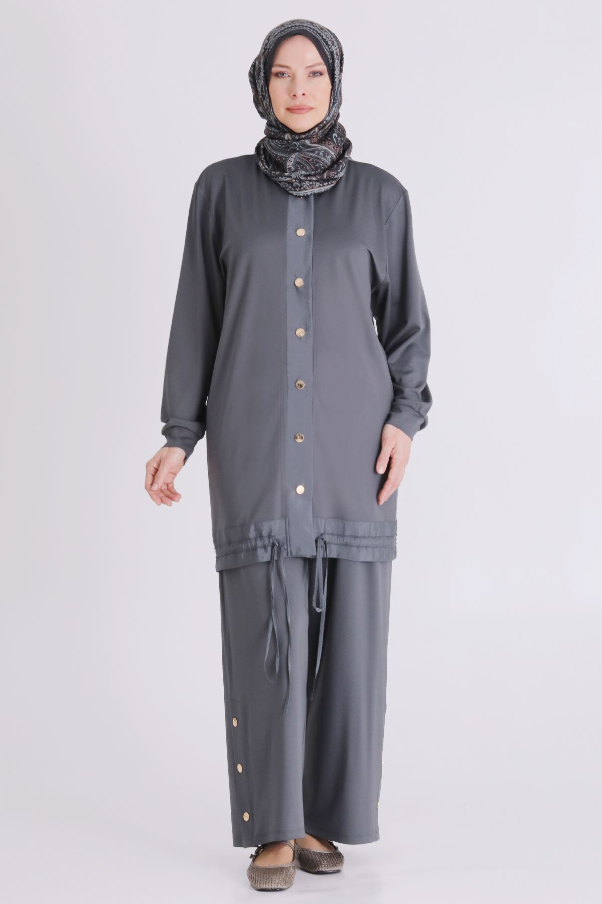 Büyük Beden Tesettür Pantolonlu Takım 3558 Kül Rengi