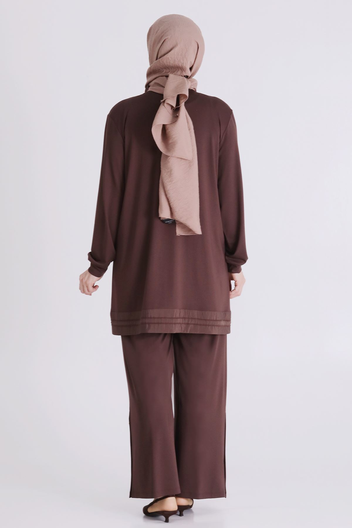 Büyük Beden Tesettür Pantolonlu Takım 3558 Kahve