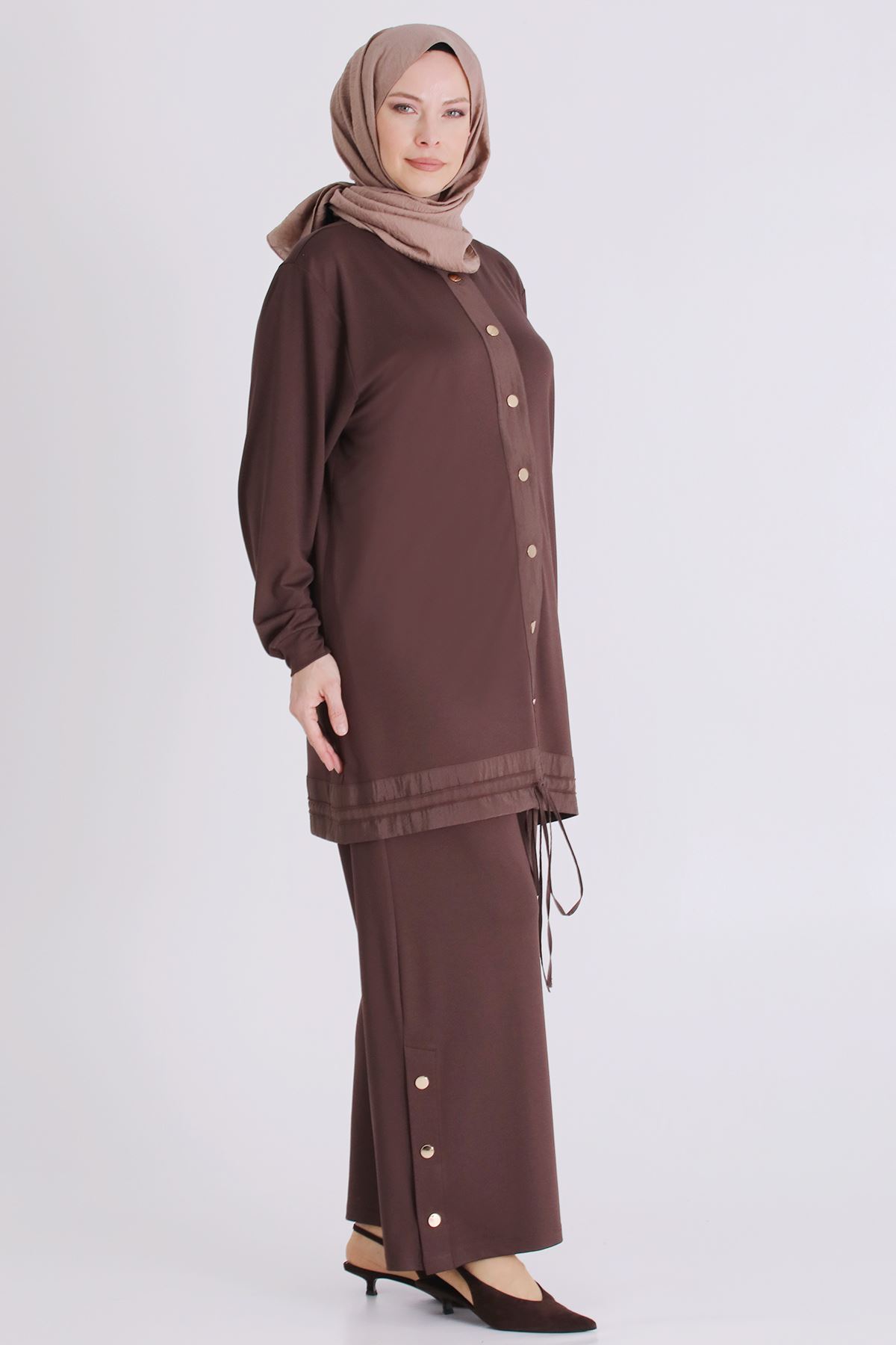 Büyük Beden Tesettür Pantolonlu Takım 3558 Kahve