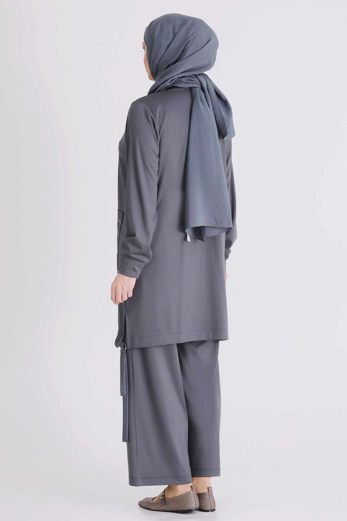 Büyük Beden Tesettür Pantolonlu Takım 3557 Kül Rengi 
