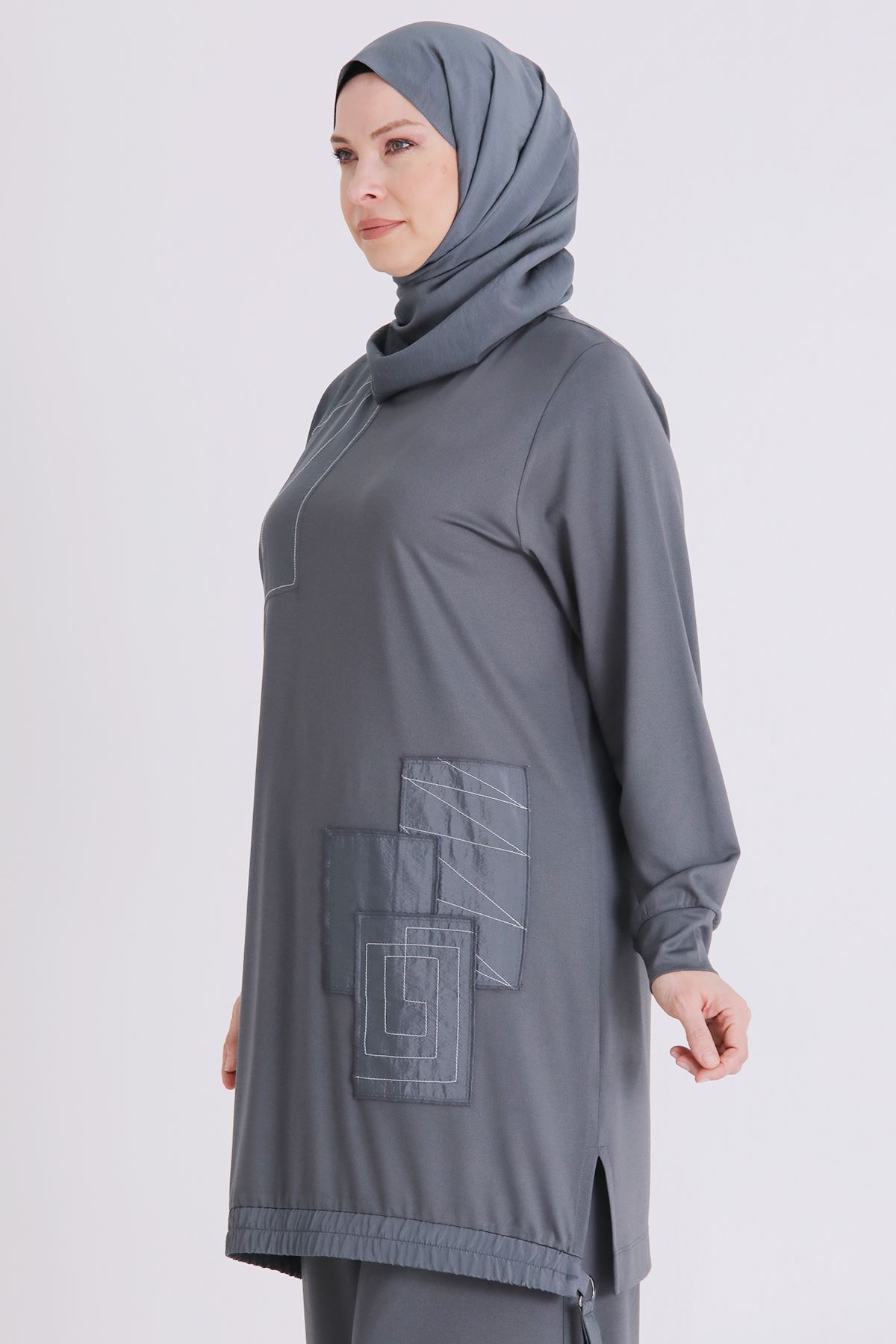 Büyük Beden Tesettür Pantolonlu Takım 3557 Kül Rengi 