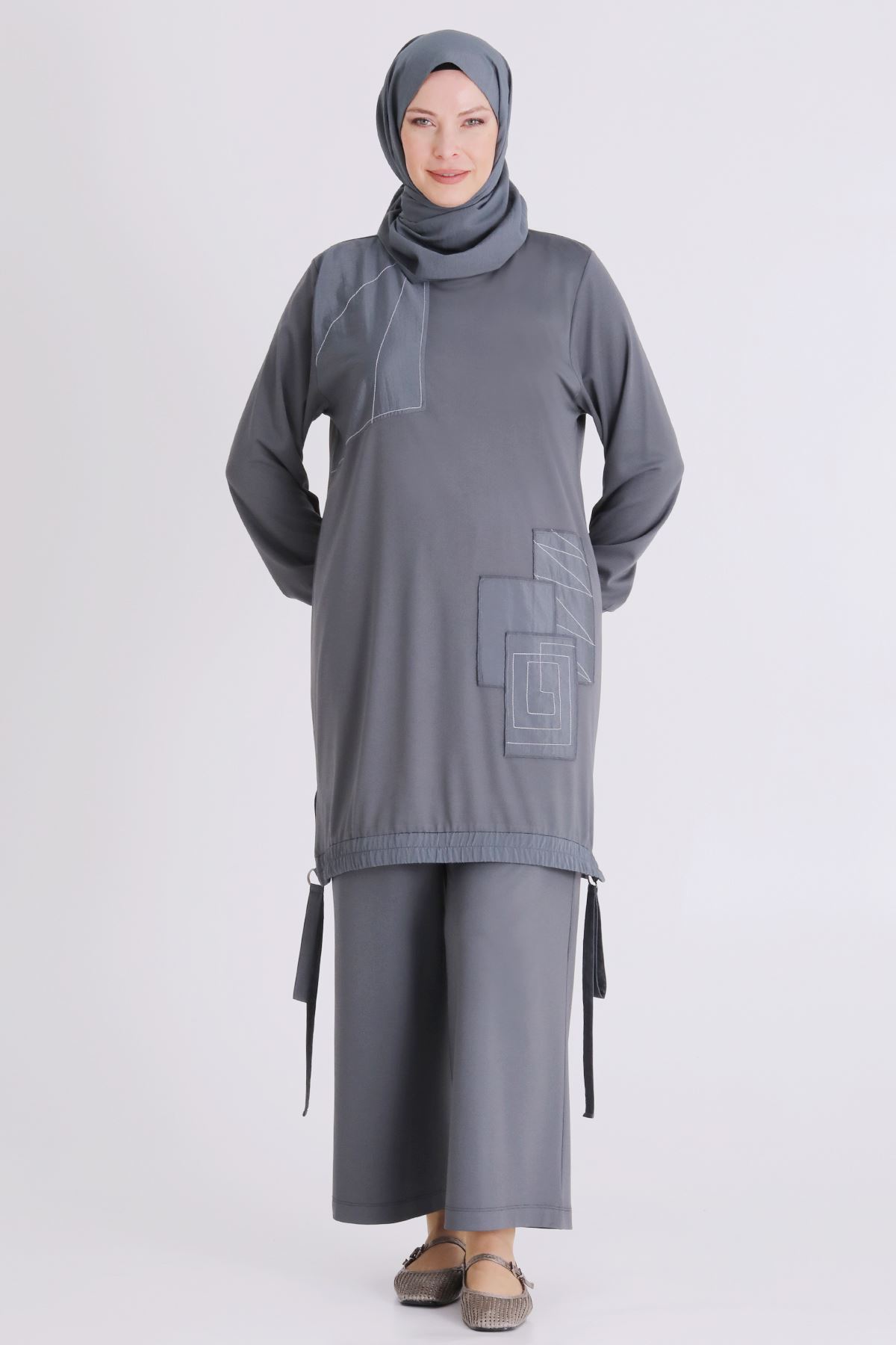 Büyük Beden Tesettür Pantolonlu Takım 3557 Kül Rengi 