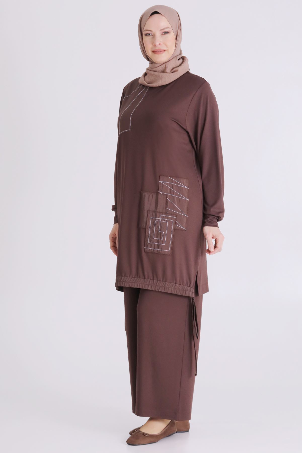 Büyük Beden Tesettür Pantolonlu Takım 3557 Kahve