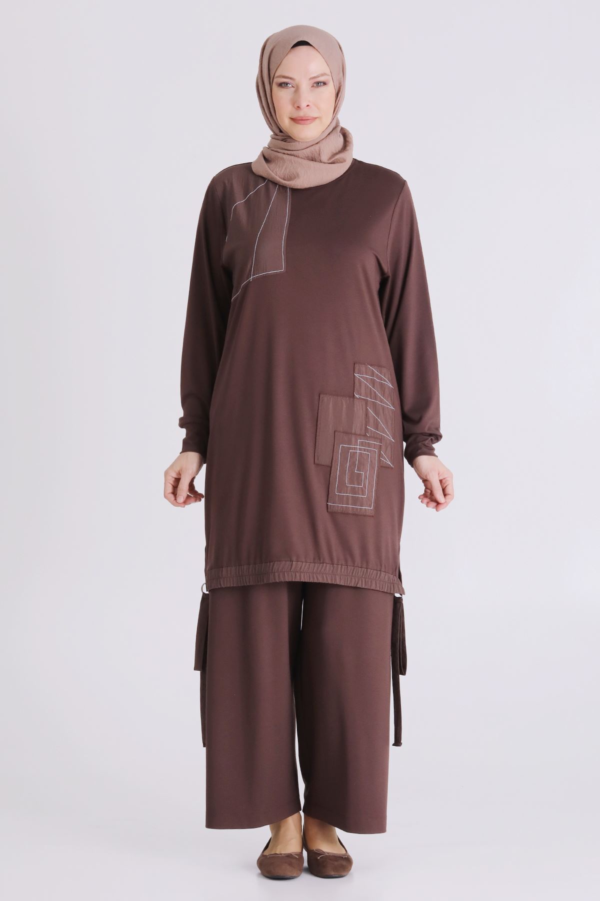 Büyük Beden Tesettür Pantolonlu Takım 3557 Kahve