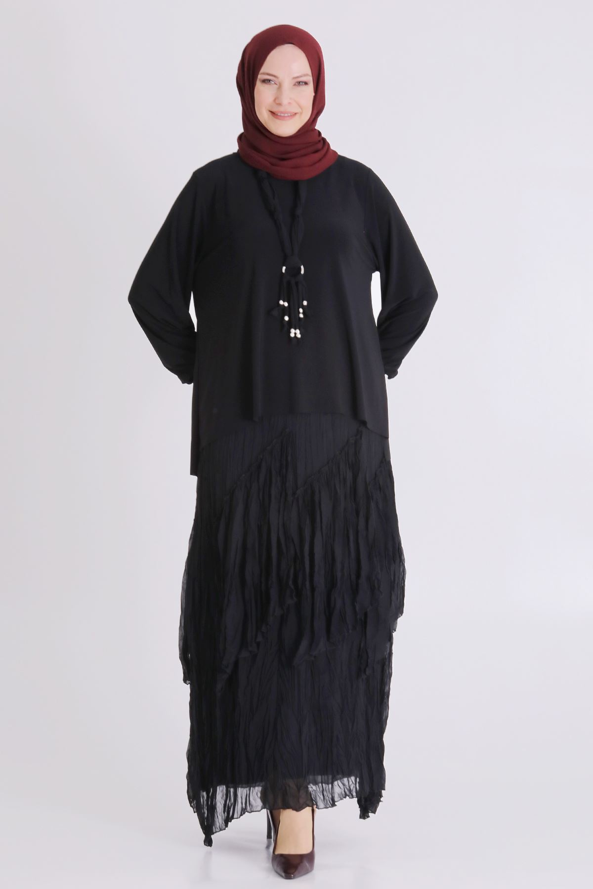 Büyük Beden Tesettür Etekli Takım 3802 Siyah