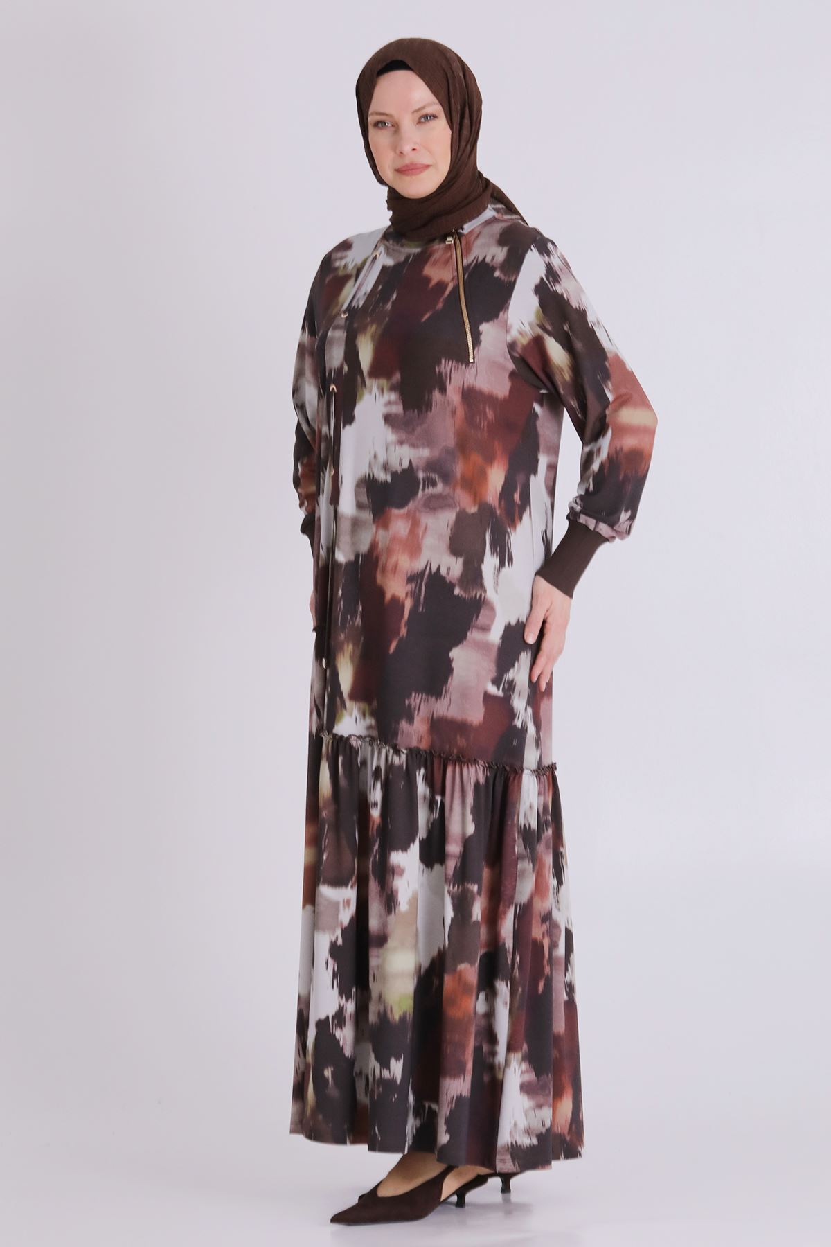 Büyük Beden Tesettür Desenli Elbise 75011 Kahve-Bordo