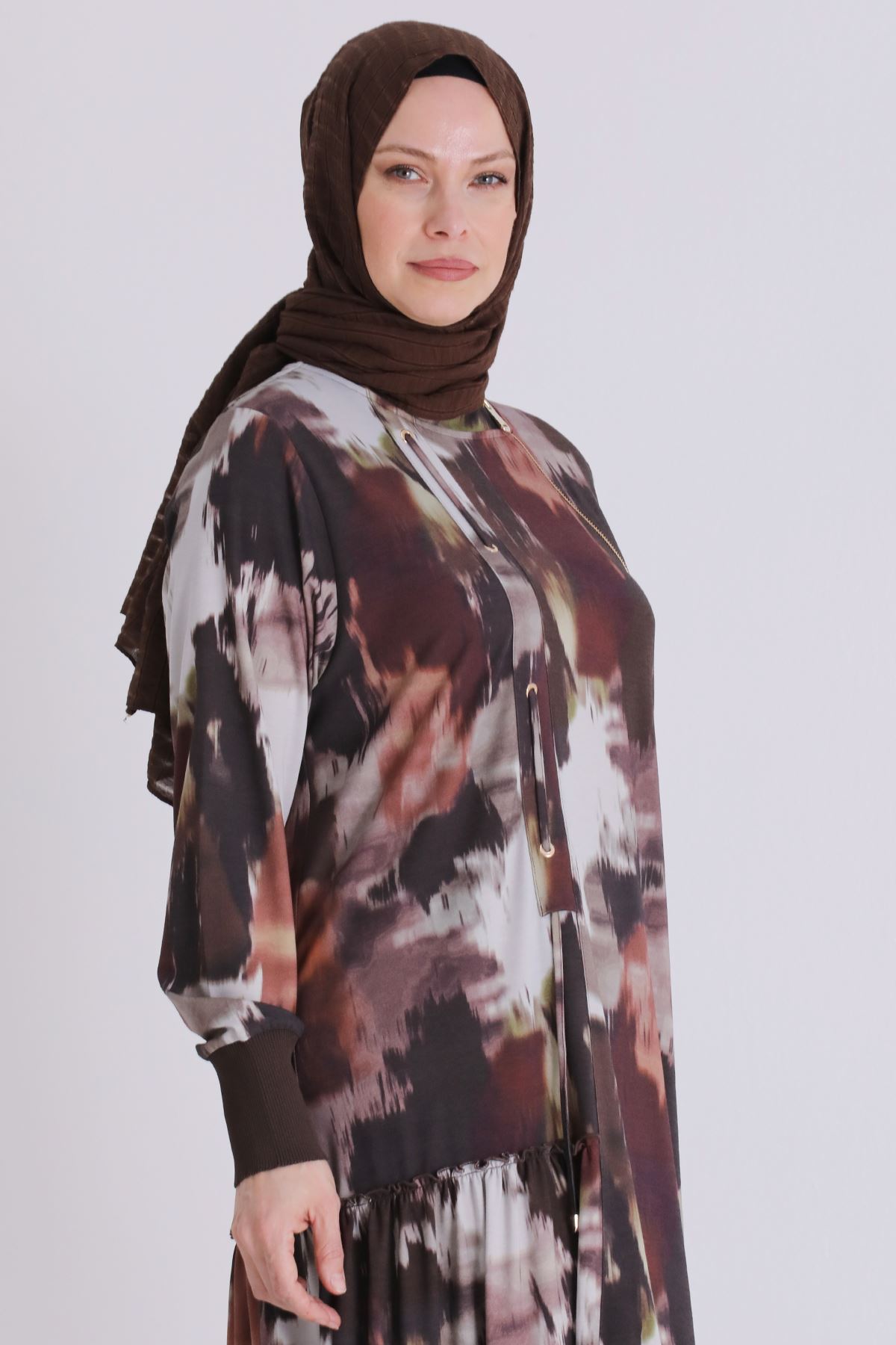 Büyük Beden Tesettür Desenli Elbise 75011 Kahve-Bordo