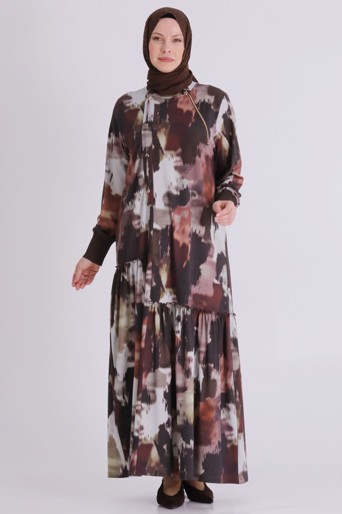 Büyük Beden Tesettür Desenli Elbise 75011 Kahve-Bordo