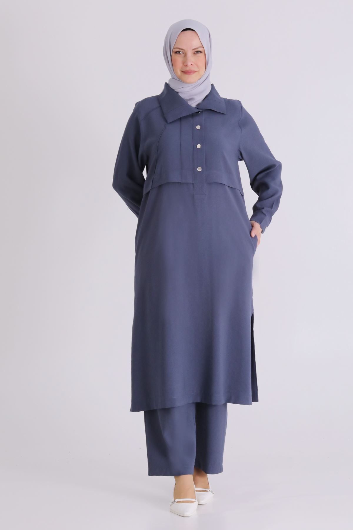 Büyük Beden Tesettür Pantolonlu Takım 3560 Duman Mavi