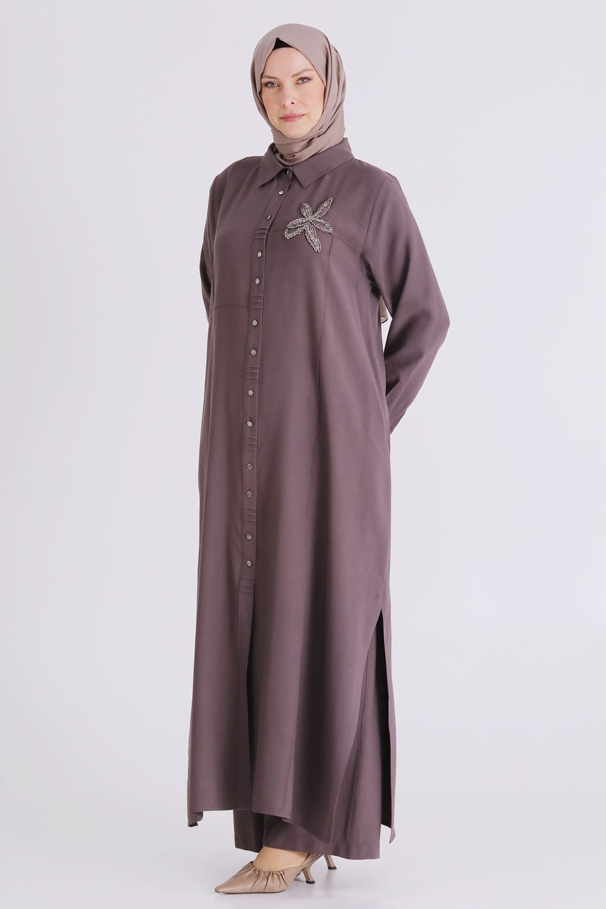 Büyük Beden Tesettür Pantolonlu Takım 3561 Kakao