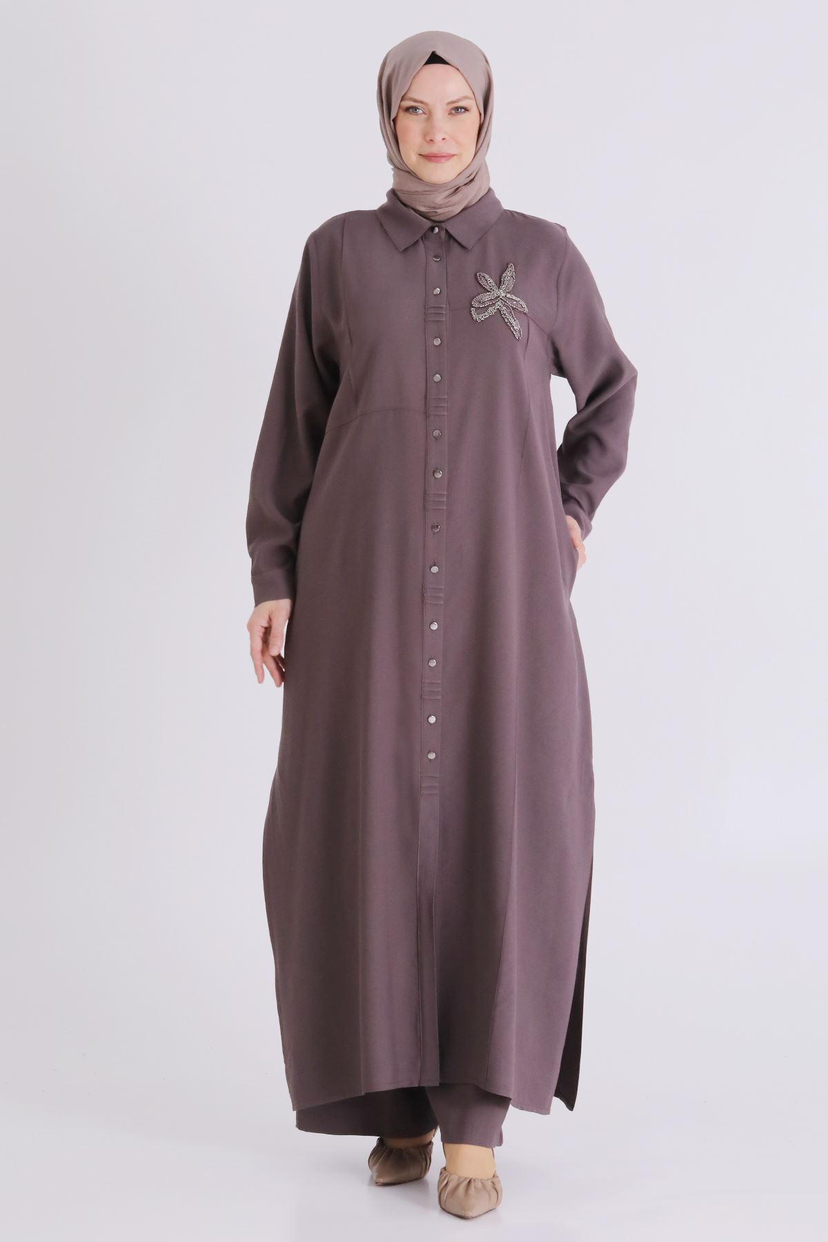 Büyük Beden Tesettür Pantolonlu Takım 3561 Kakao