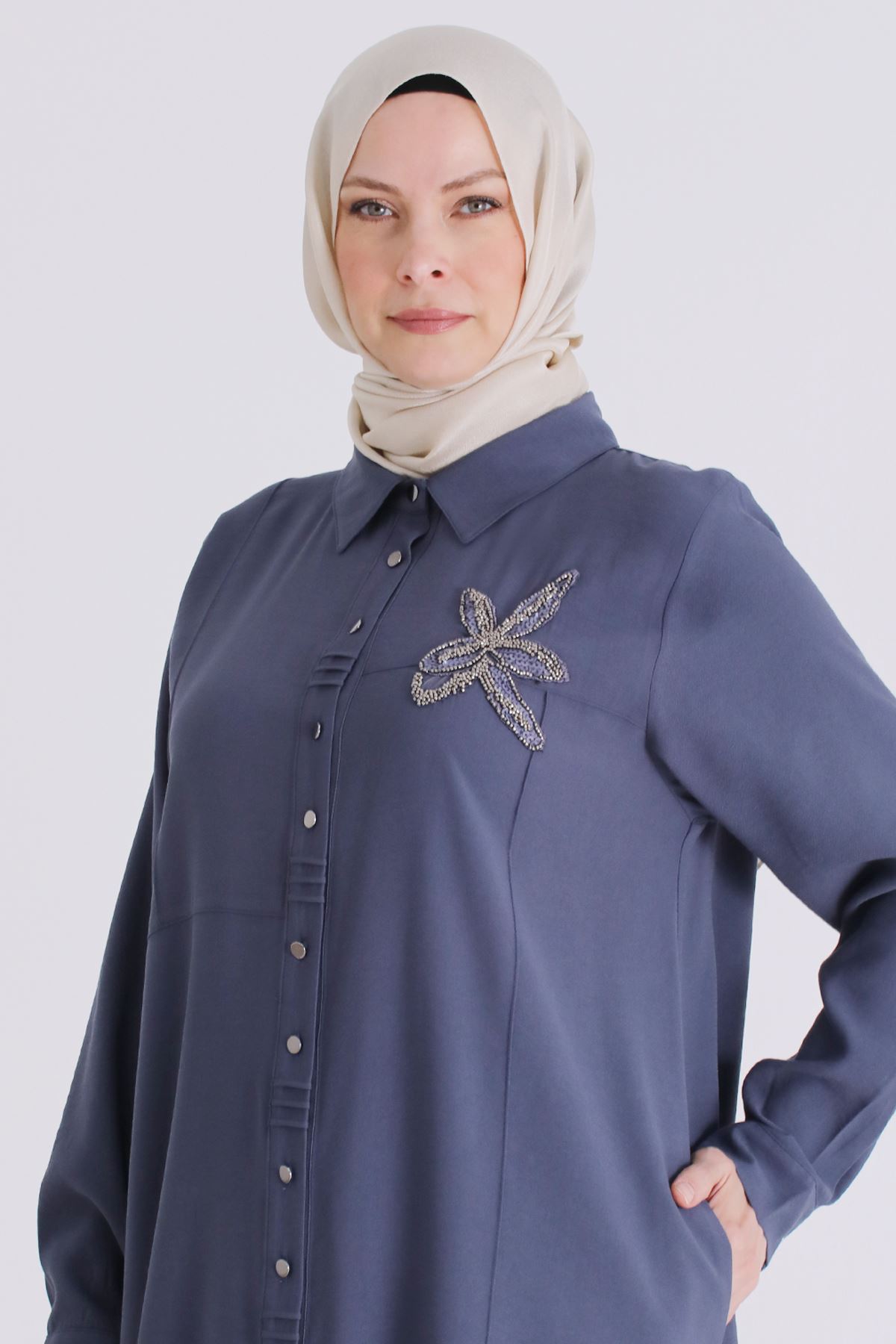 Büyük Beden Tesettür Pantolonlu Takım 3561 Duman Mavi